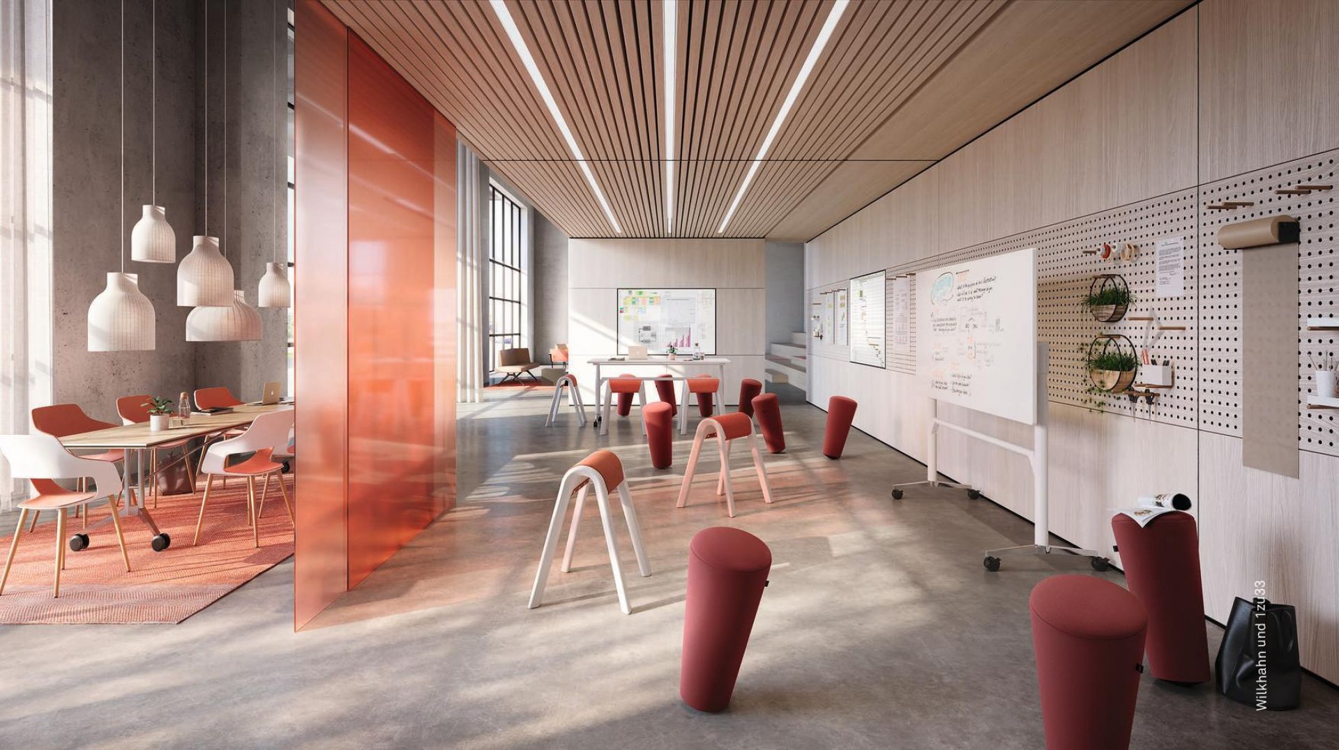 Büro mit Wilkhahn Stühlen in Mango, ergonomische Sitzmöbel für modernes Arbeiten und Konferenzen.