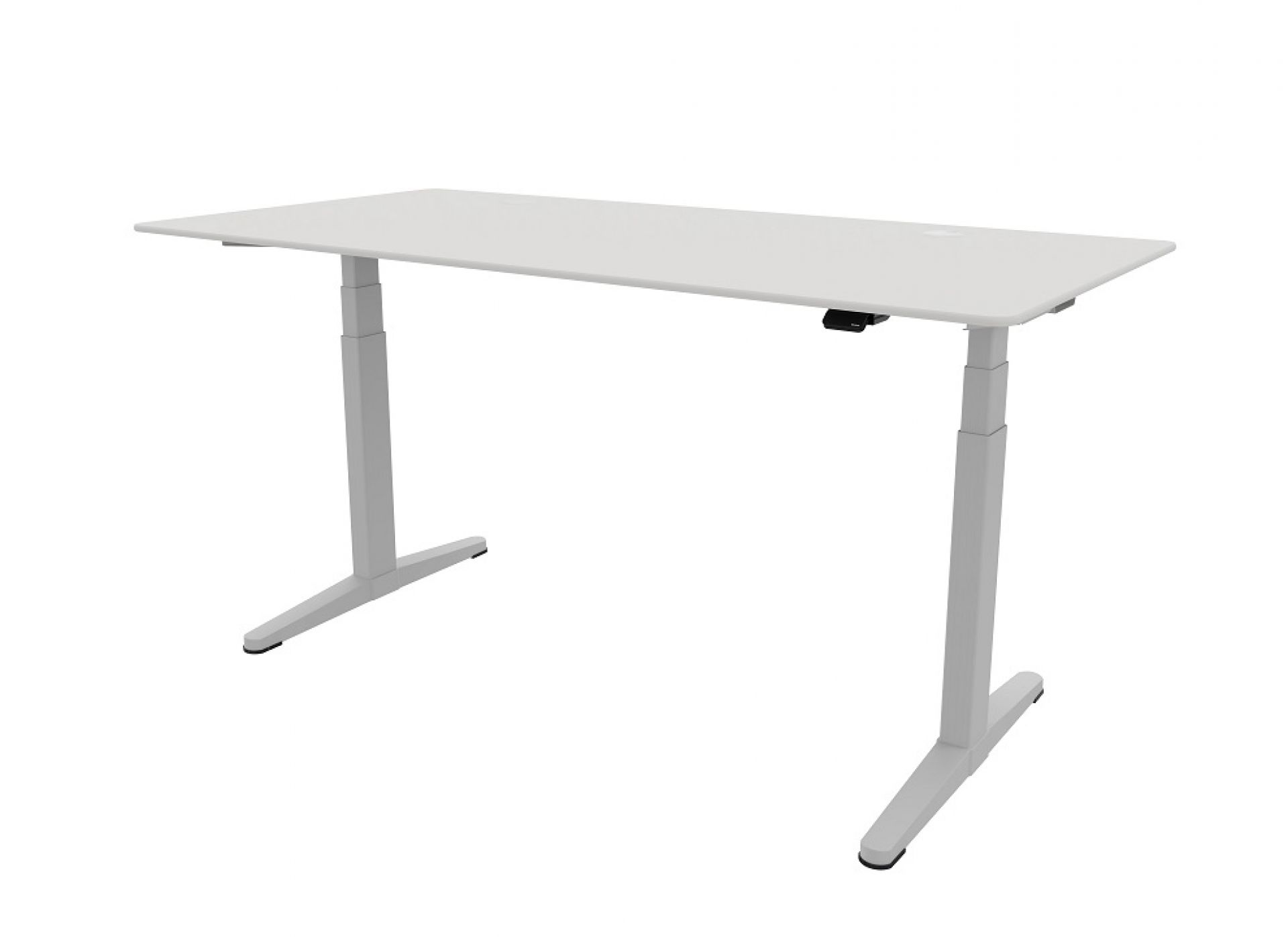 Weißer HiLow höhenverstellbarer Schreibtisch mit elektrischer Höhenverstellung für ergonomisches Arbeiten im Büro oder Homeoffice.