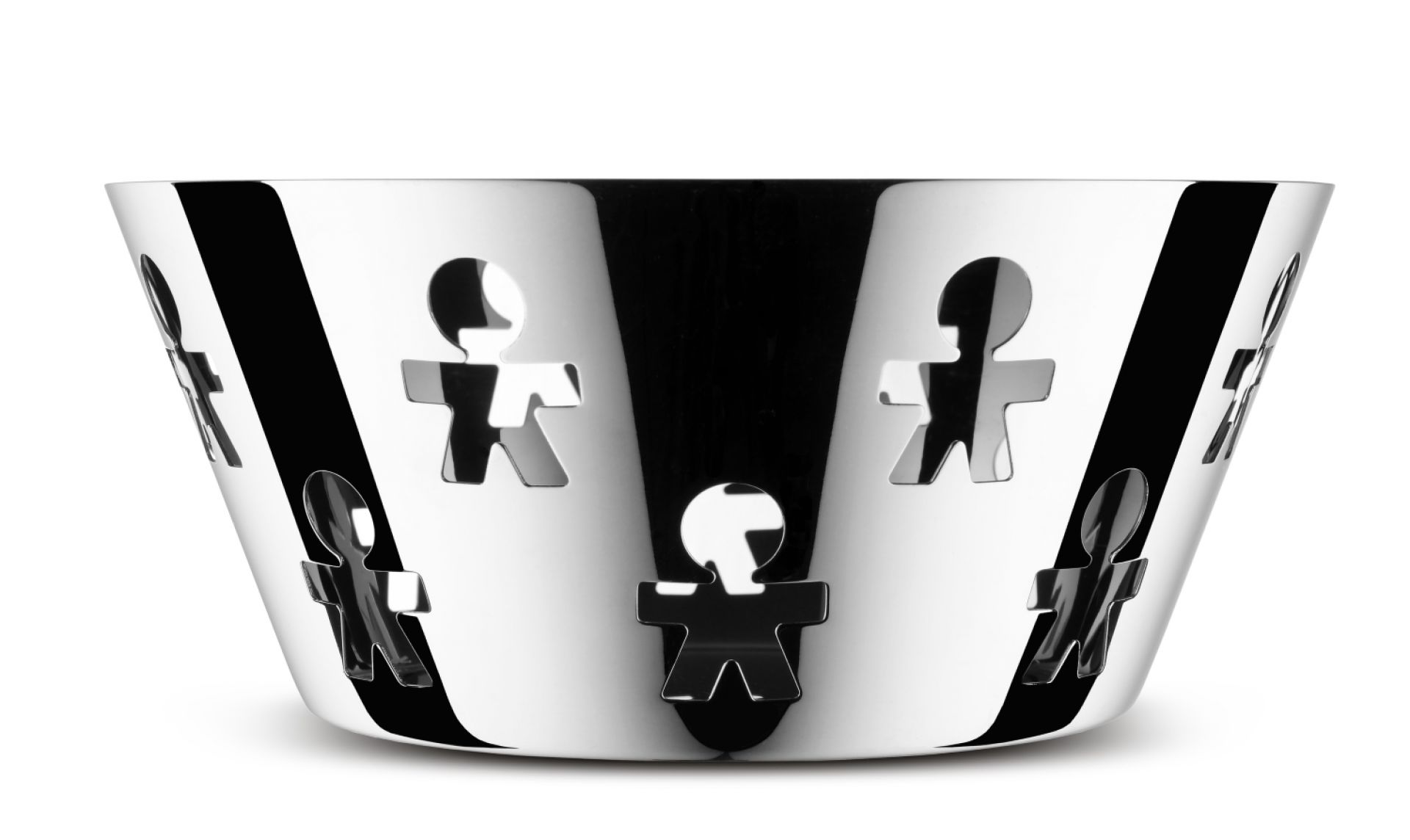 Girotondo Schale von Alessi: Metallschale mit ausgeschnittenen Figuren, modernes Design für Obst und Dekoration.