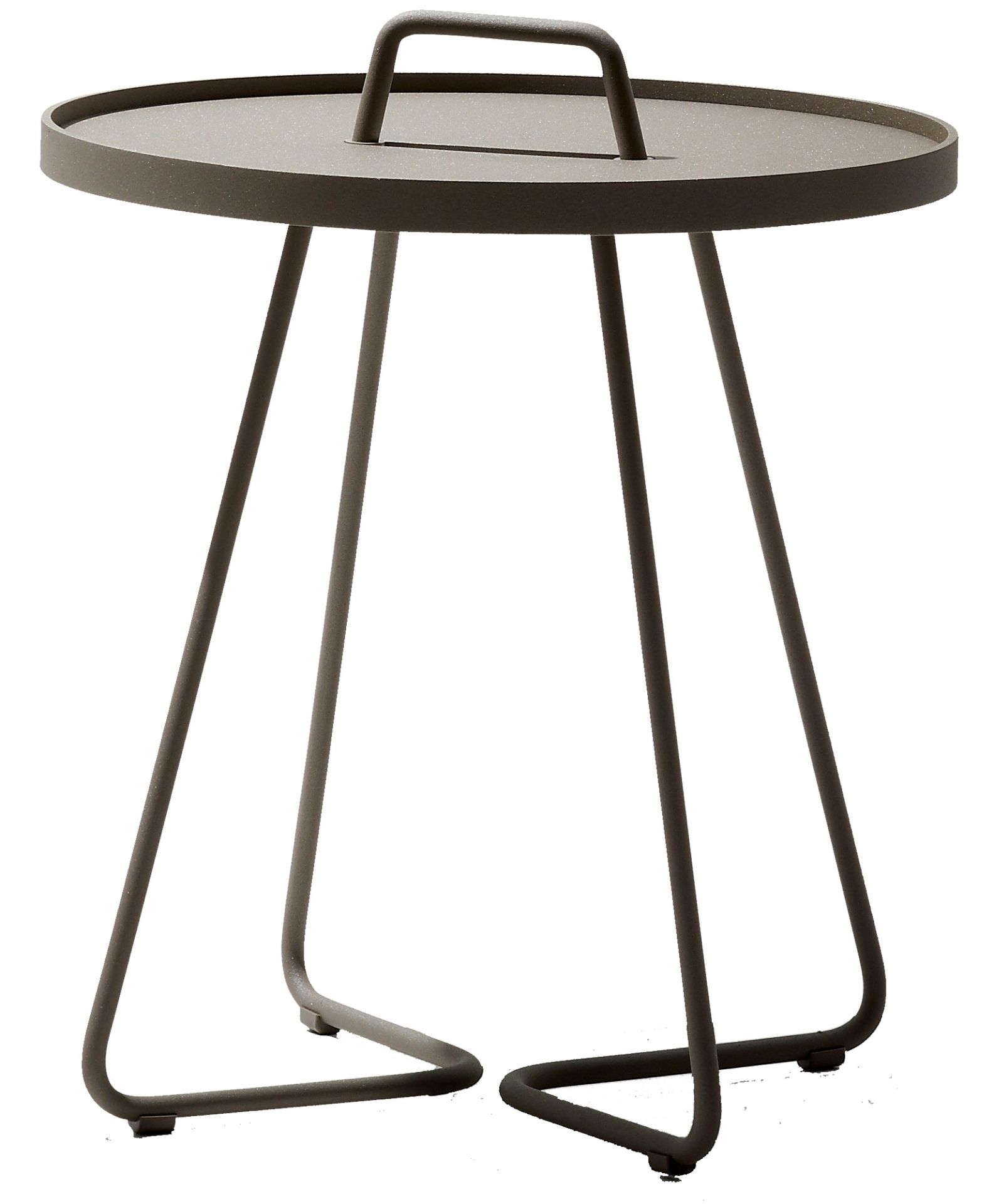 On-The-Move Beistelltisch Taupe: Runder Outdoor Tisch mit Griff, ideal für Garten und Terrasse.