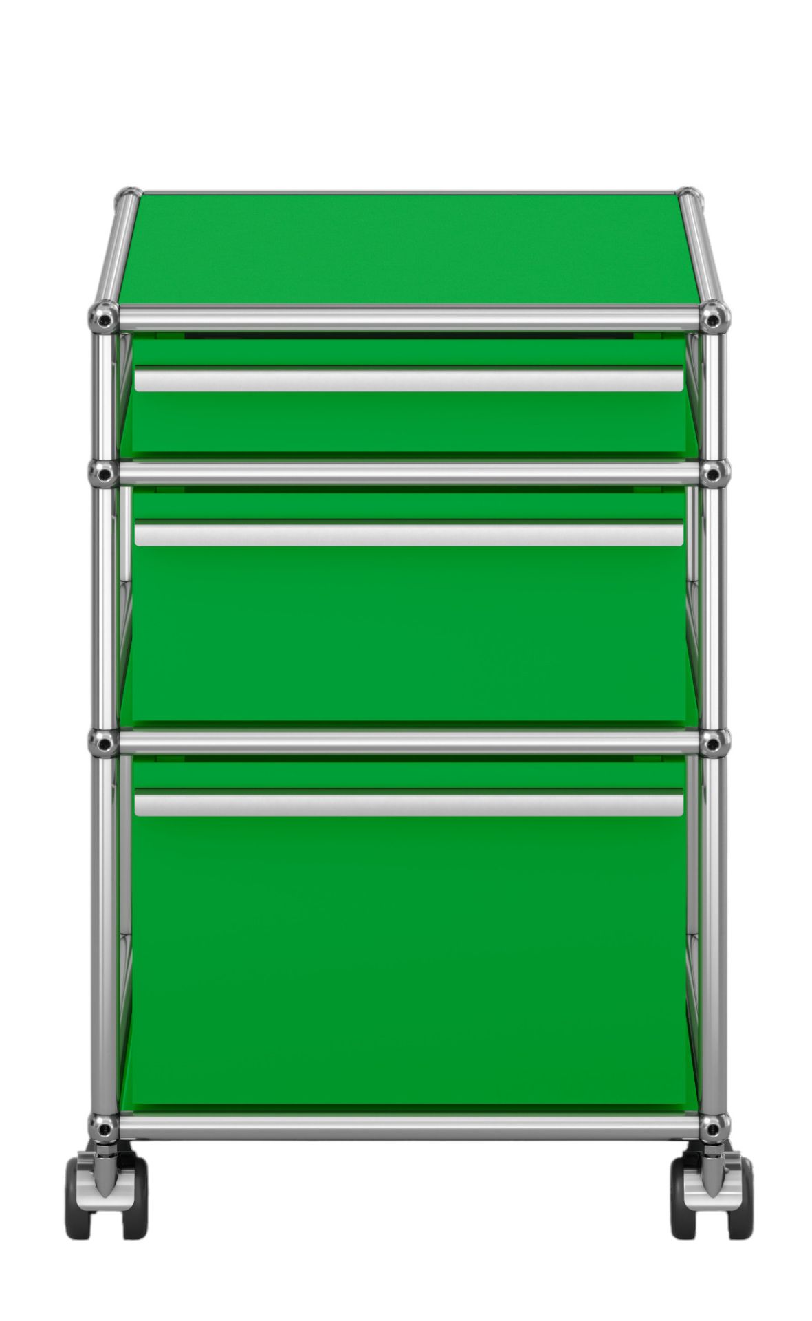 Grüner USM Haller Rollcontainer mit drei Schubladen und verchromtem Gestell, Frontansicht.