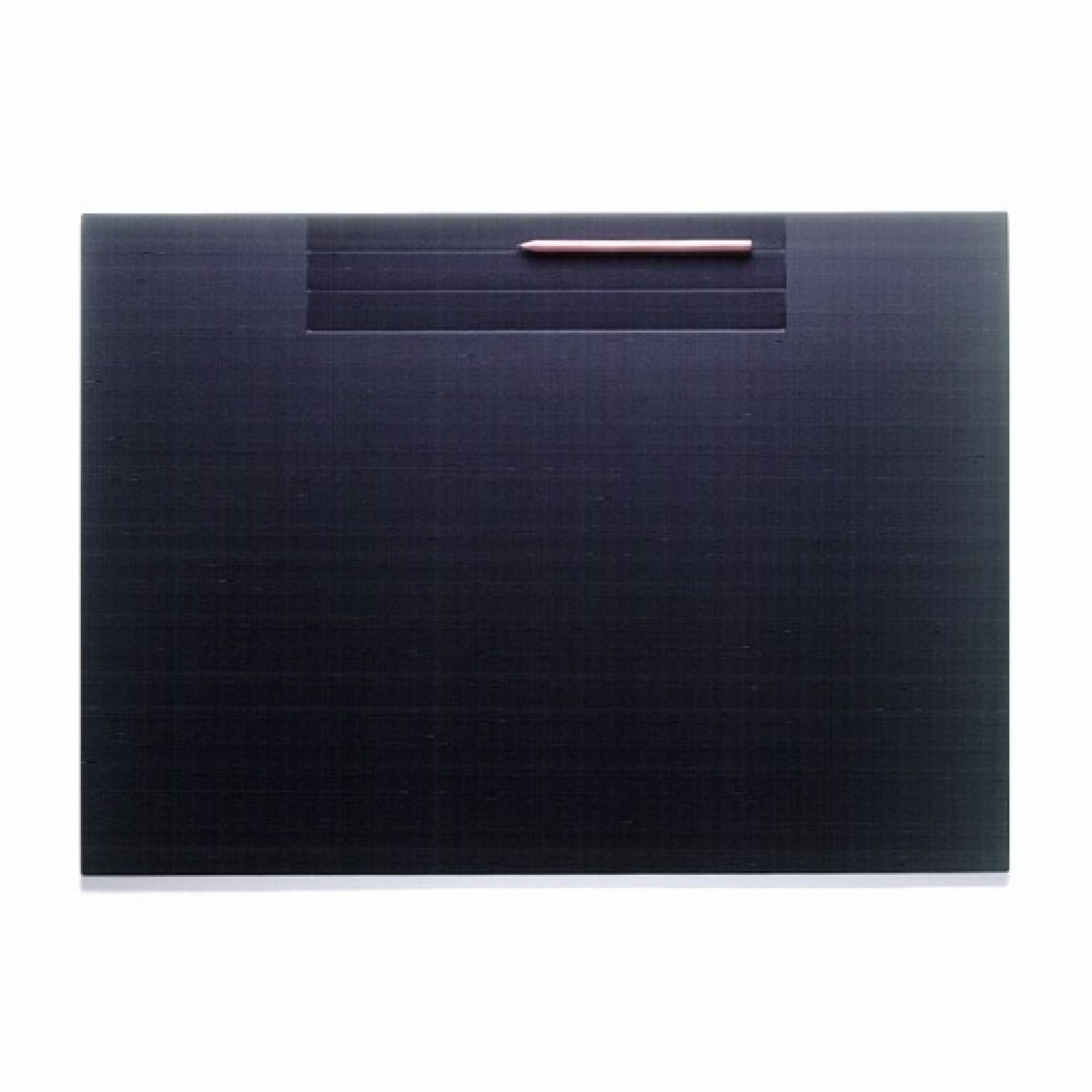 Schwarze Rexite Schreibtischunterlage mit Stiftablage und Stift, ideal für den modernen Arbeitsplatz.