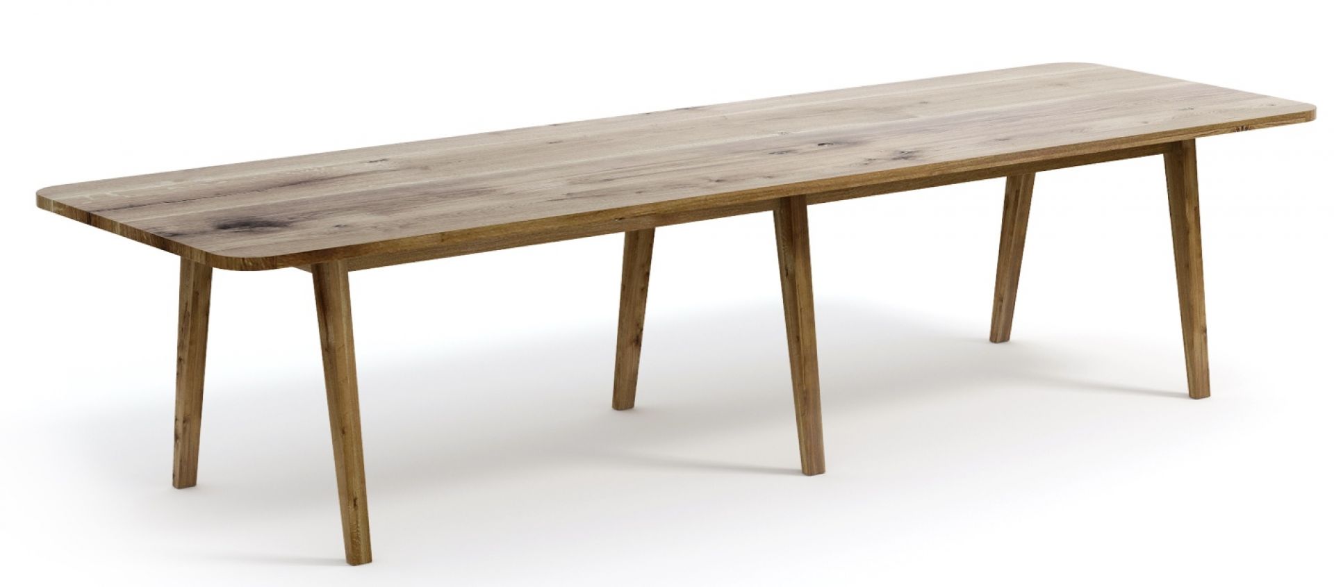 Lav Esstisch: Rechteckiger Holztisch mit abgerundeten Ecken und schrägen Beinen auf weißem Hintergrund.