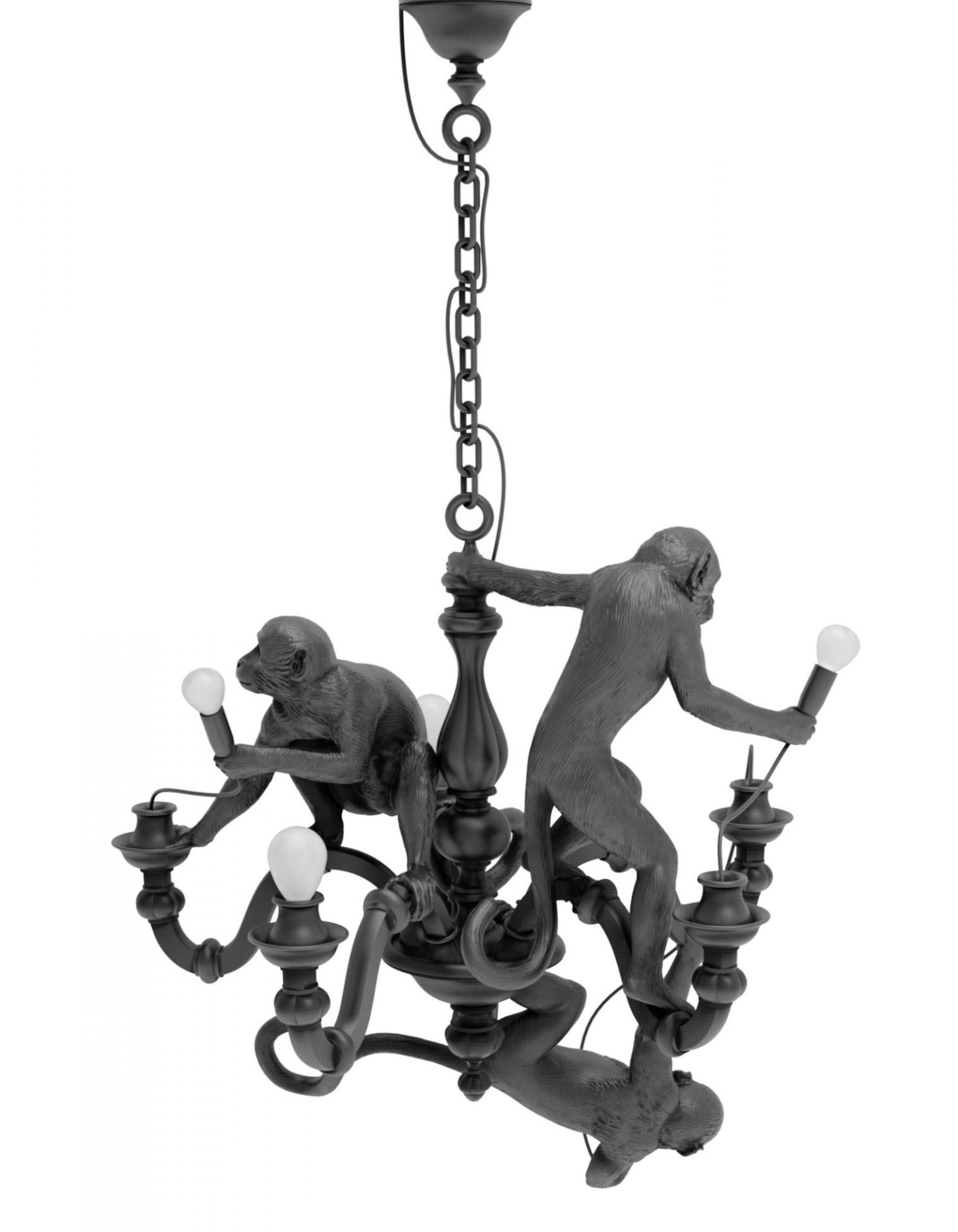 Schwarzer Seletti Monkey Chandelier mit drei Affenfiguren, die Glühbirnen halten, für außergewöhnliche Beleuchtung.