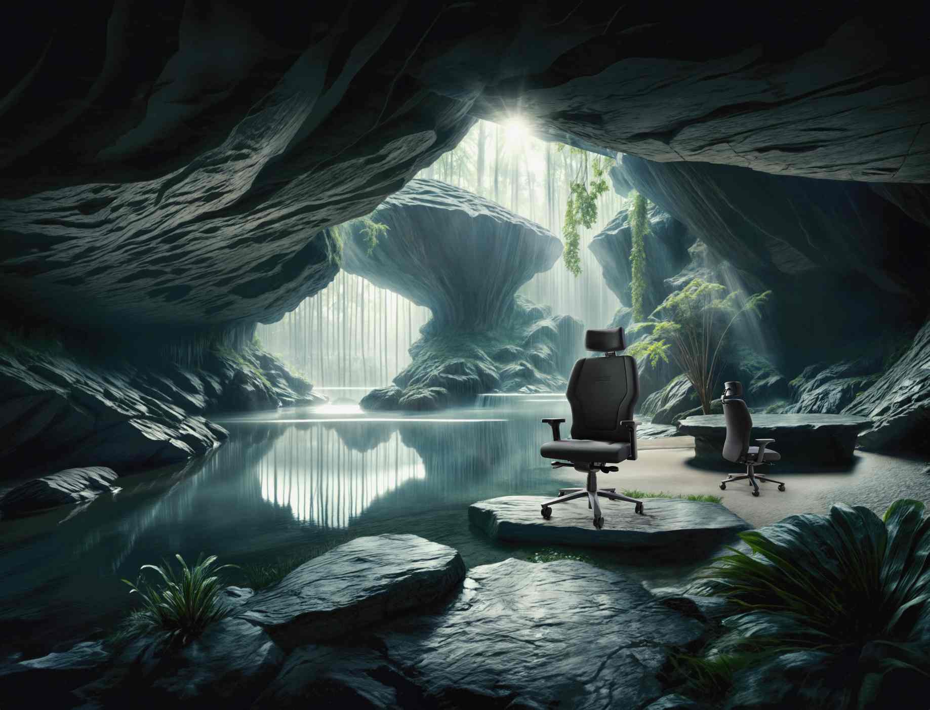 XXLis5 XL113 Interstuhl Schwerlaststuhl mit hoher Rückenlehne und Kopfstütze vor malerischer Höhlenkulisse.