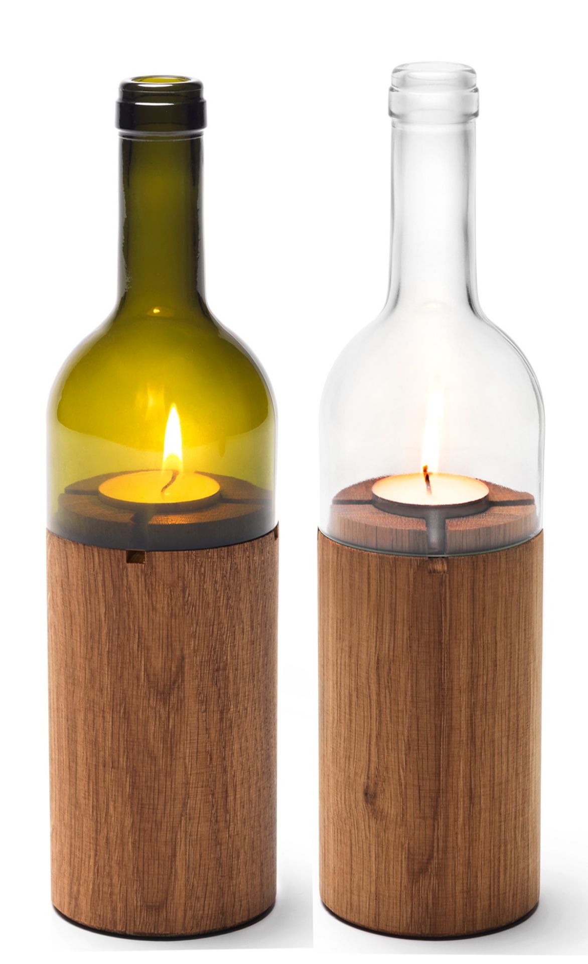 WeinWindlicht Side by Side aus Glas in Grün und Klar mit Teelicht und Holzfuß.