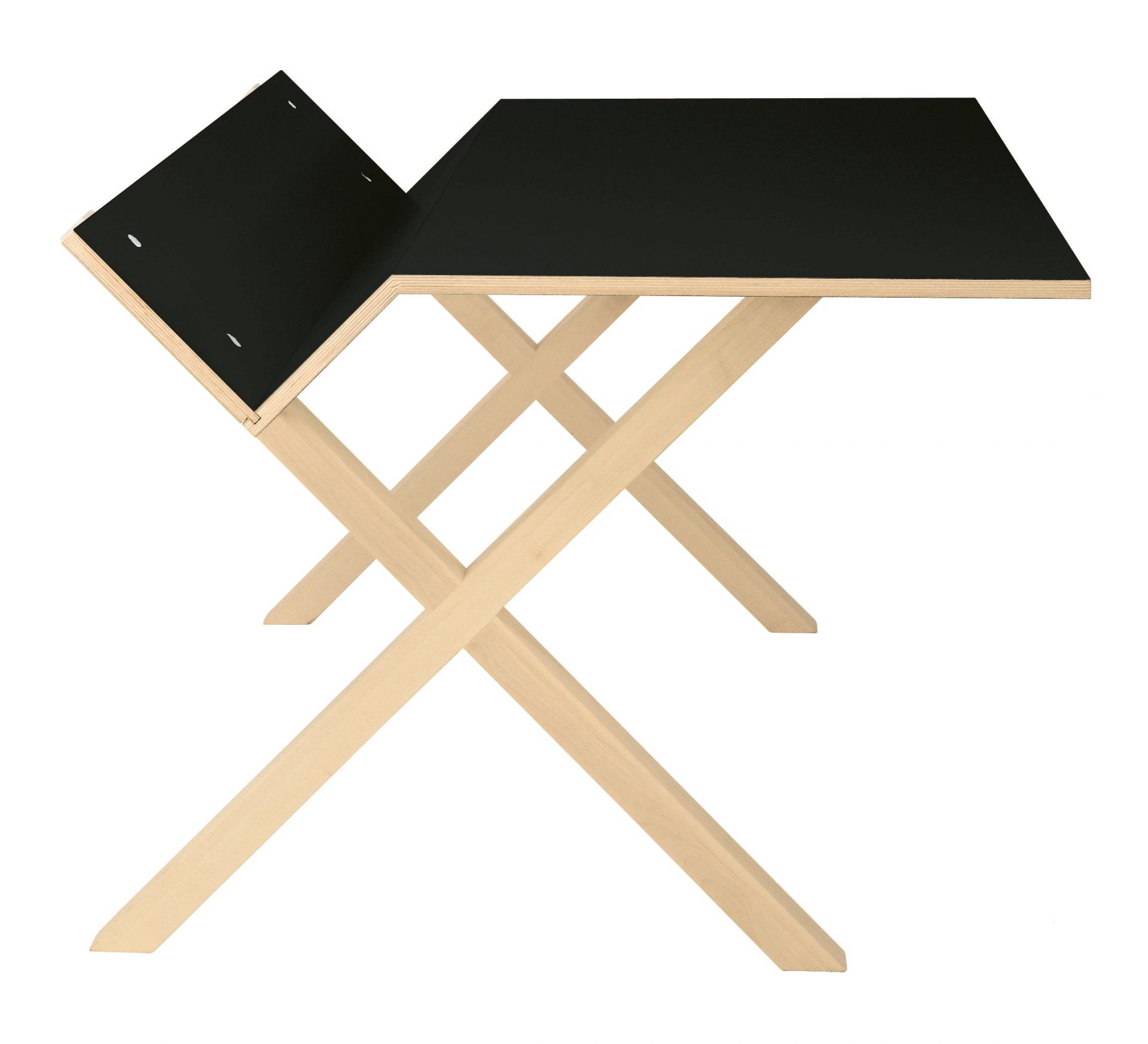 Kant Schreibtisch von Moormann mit schwarzer Tischplatte und hellem Holzgestell im minimalistischen Design.