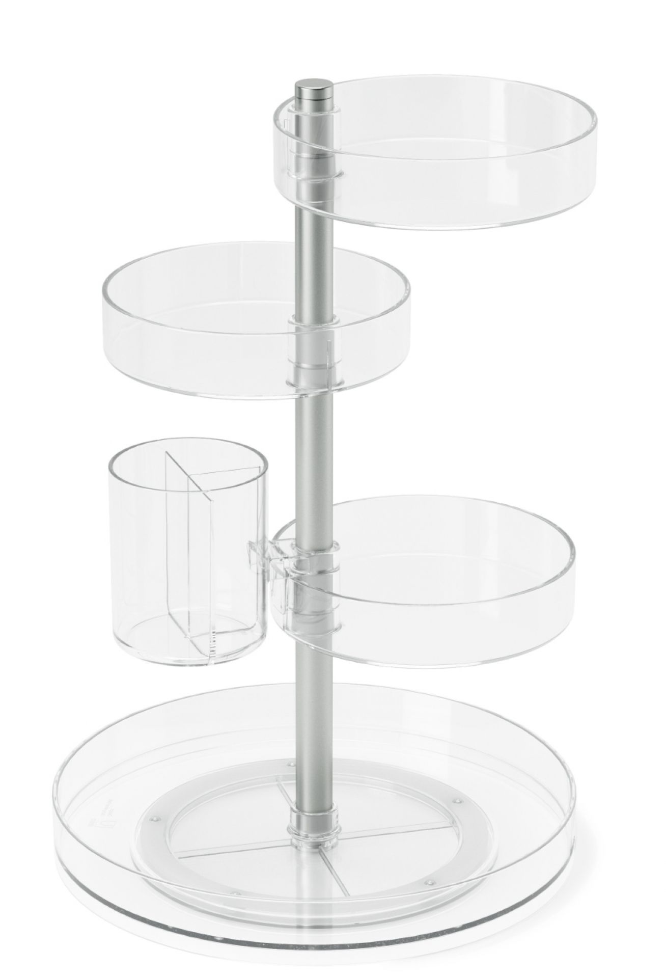 Transparenter, drehbarer Pirouette Organizer von Umbra mit vier Ebenen und Stifthalter für Büro oder Bad.