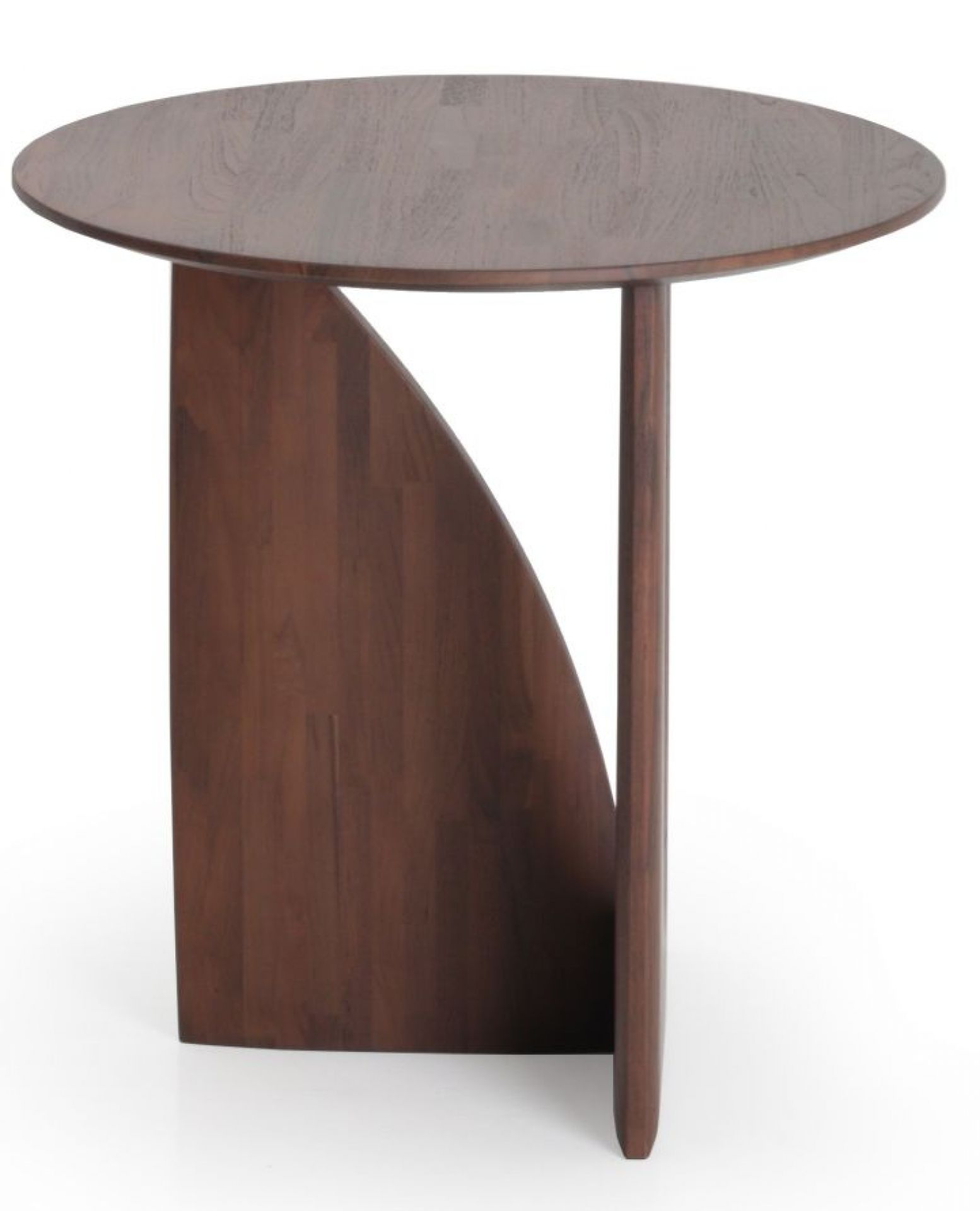 Geometric Beistelltisch aus Teakholz von Ethnicraft mit runder Tischplatte und einzigartigem, geometrischem Design.