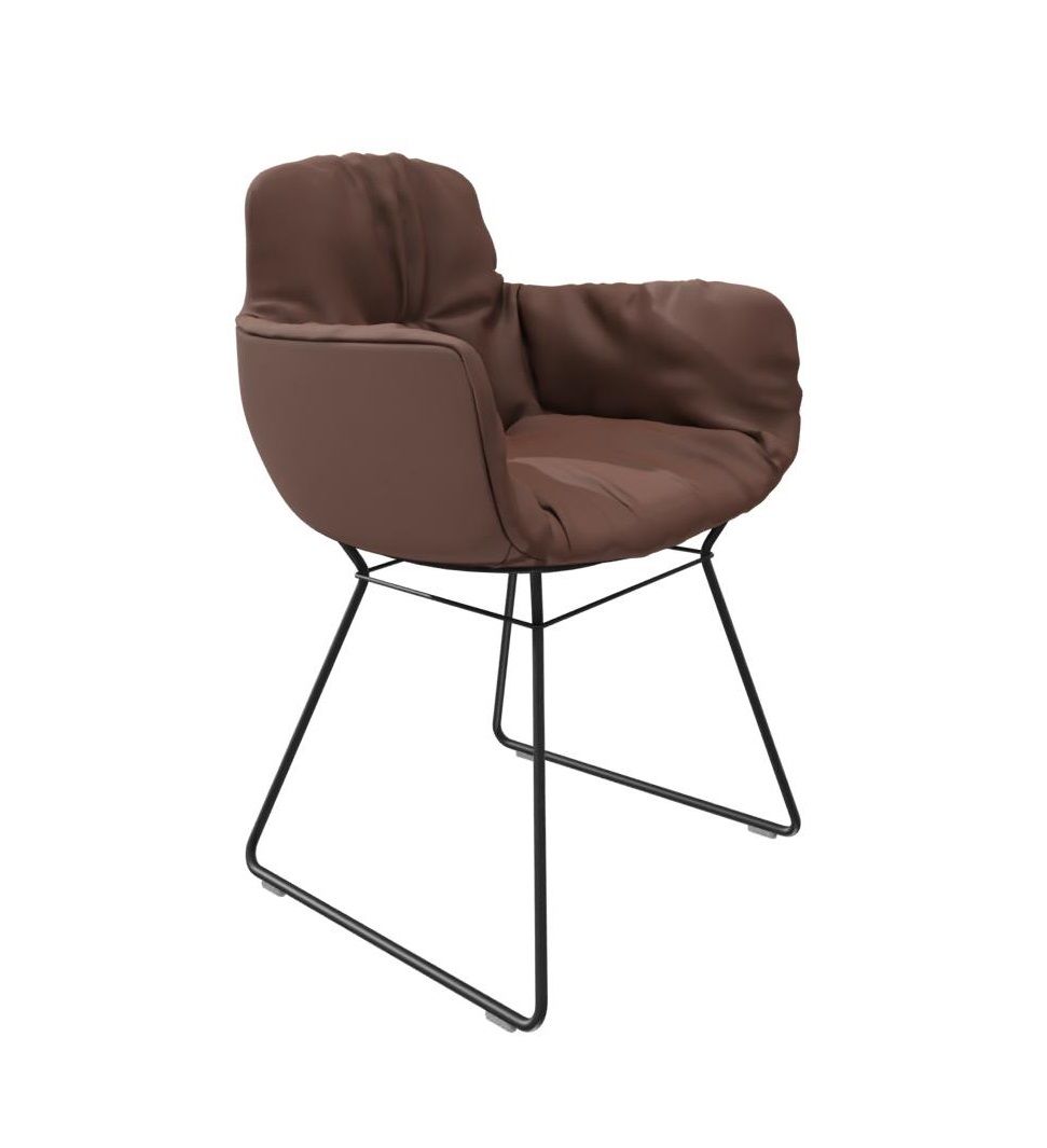 Leya Stuhl mit hoher Armlehne, Leder Sahara, schwarzes Drahtgestell, bequemer Design-Sessel.