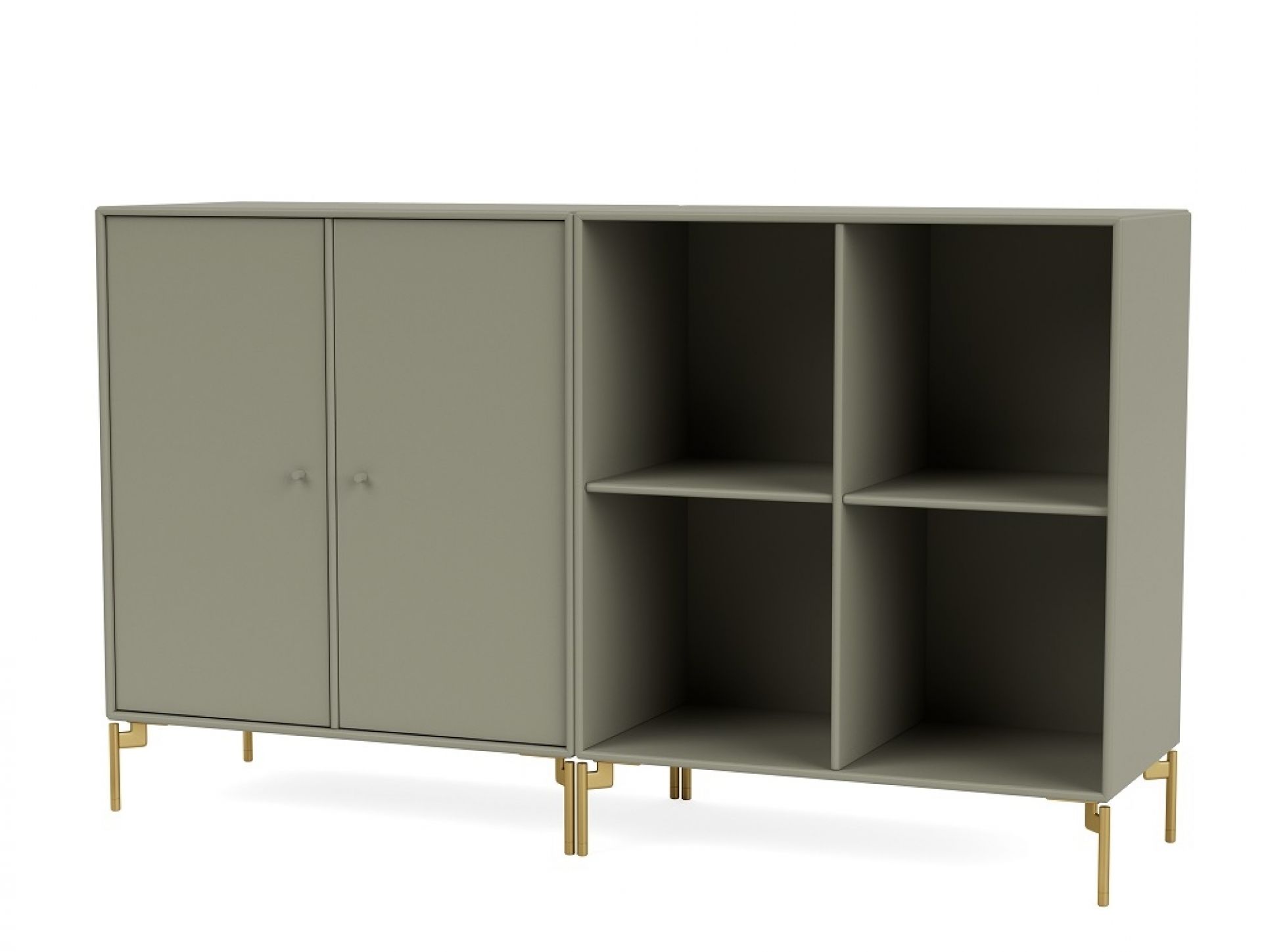 Montana Pair Sideboard in Fennel mit Messingfüßen: Modernes Sideboard mit Türen und offenen Regalfächern.