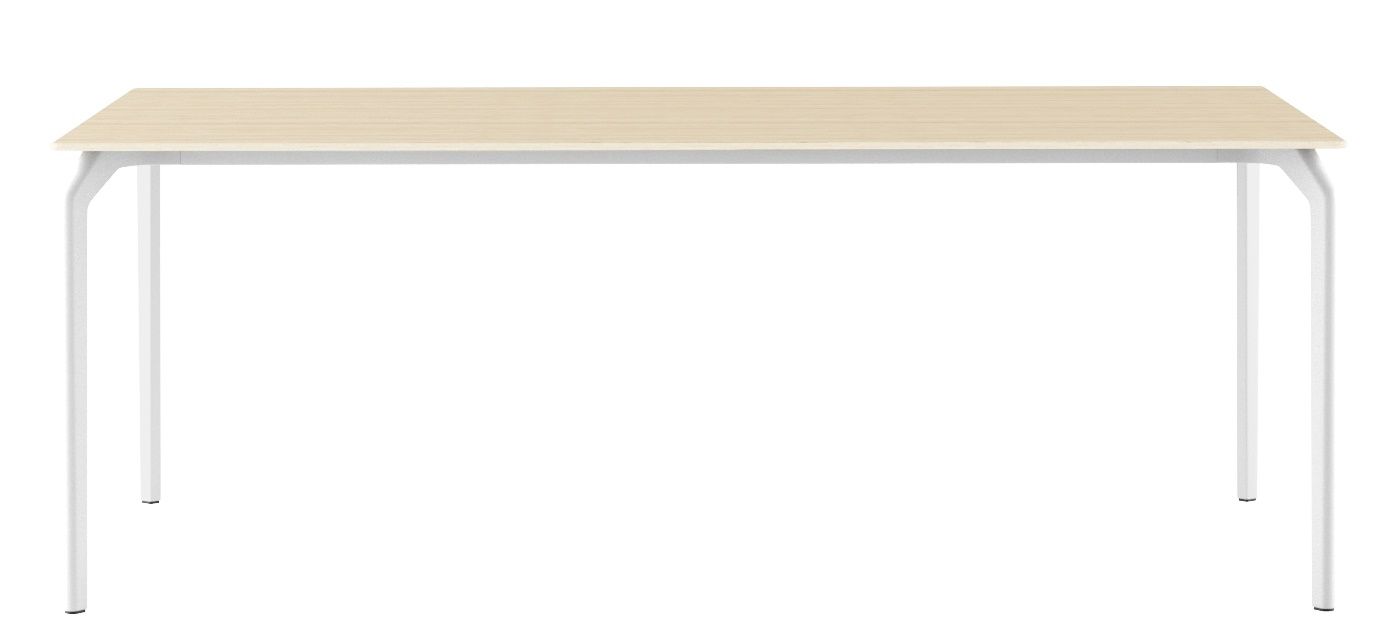 Tec Table Tisch Alias: Rechteckiger Esstisch mit heller Holzplatte und weißen Metallbeinen.