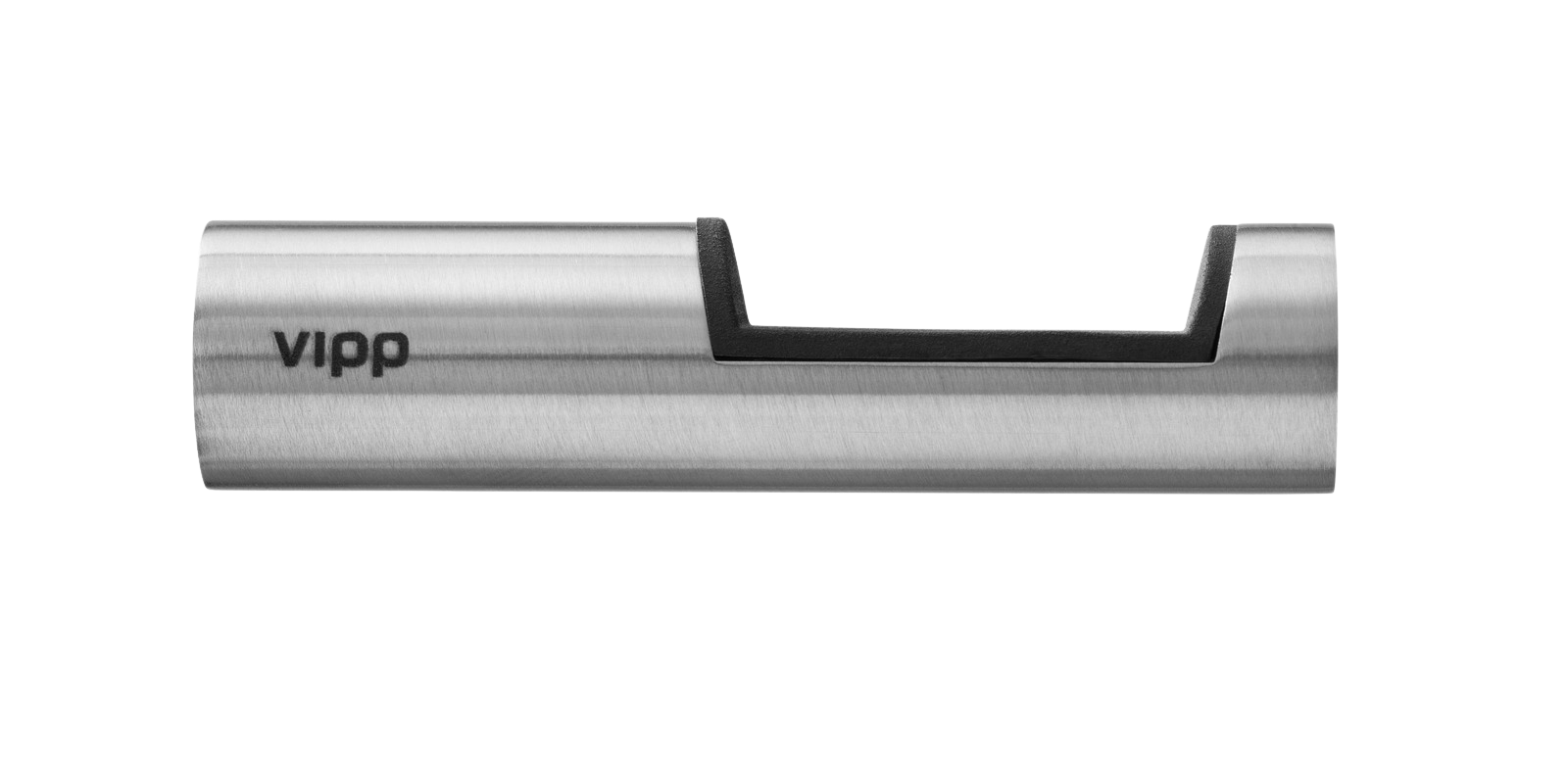 Detailaufnahme eines Vipp Handtuchhakens aus gebürstetem Edelstahl mit schwarzem Gummieinsatz.