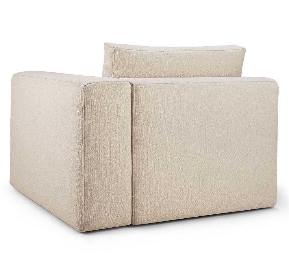 Rückansicht des Mellow Sofas in Off White mit Eco Stoff und linker Armlehne.