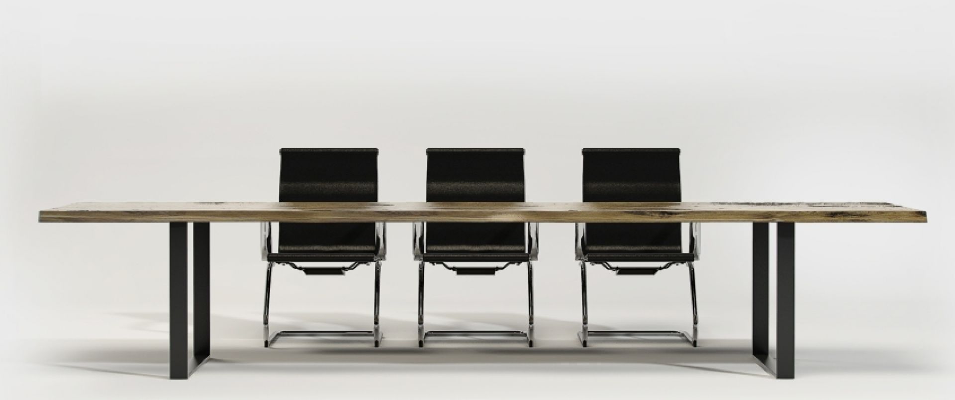 Classic Esstisch Trebord: Langer Holztisch mit schwarzen Metallbeinen und drei schwarzen Stühlen. Moderner Esstisch für Esszimmer.