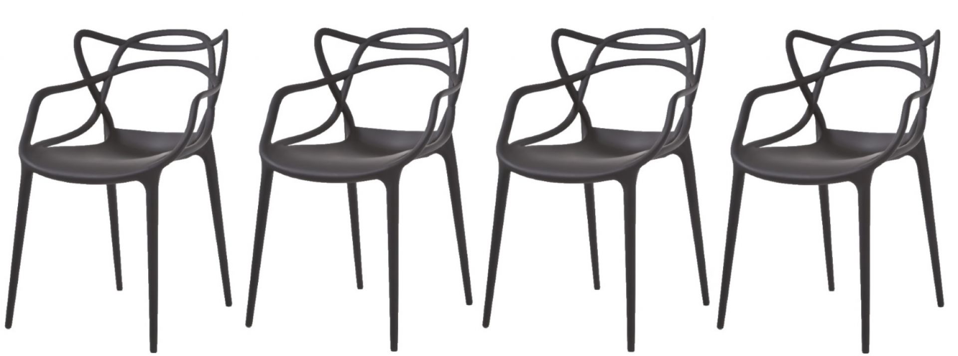 Bild von vier schwarzen Kartell Masters Stühlen mit Armlehnen, modernes Design.