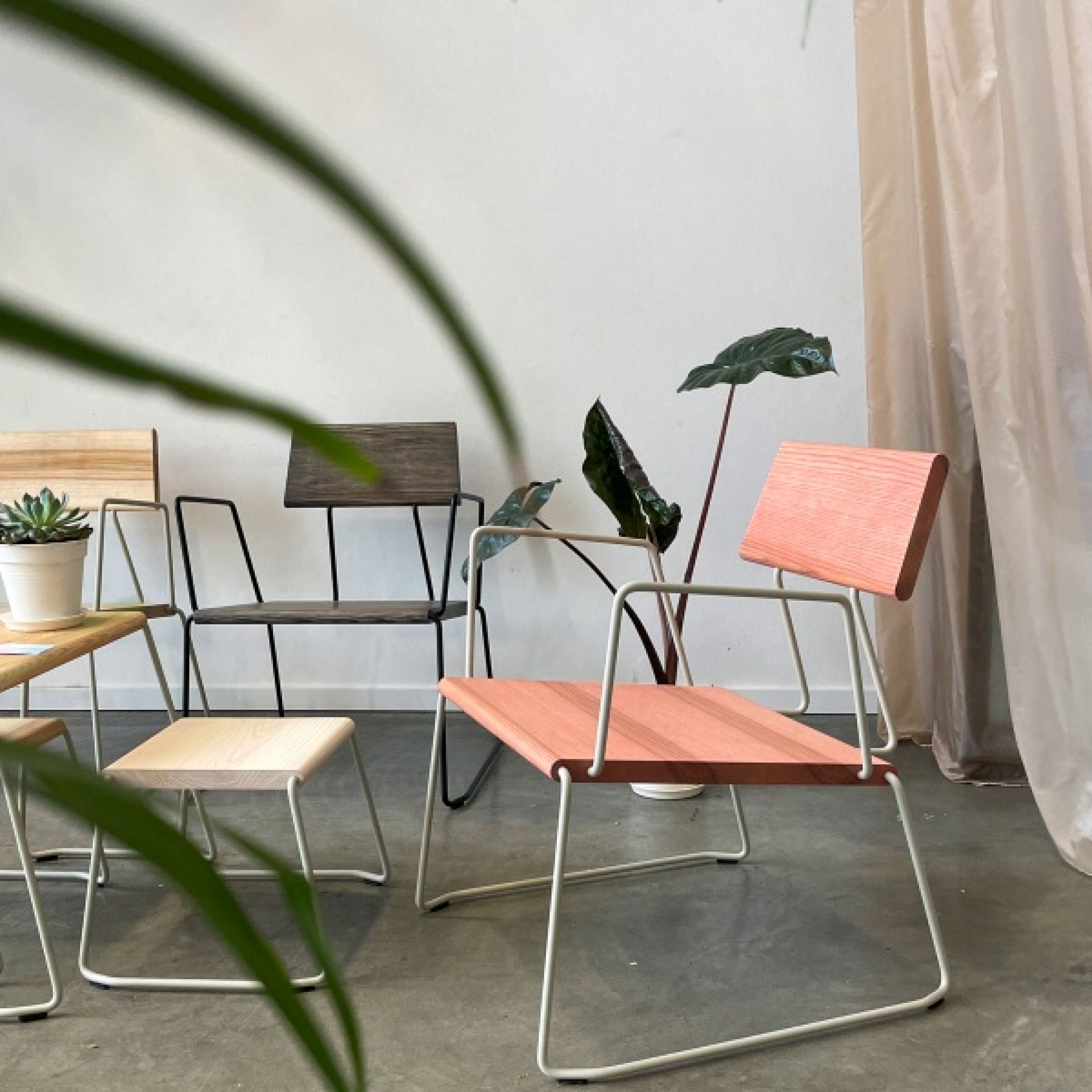 Fuchs & Habicht D:008 Lounge Chair, Kohleschwarz und Lachsfarben, mit Armlehnen und minimalistischem Design.