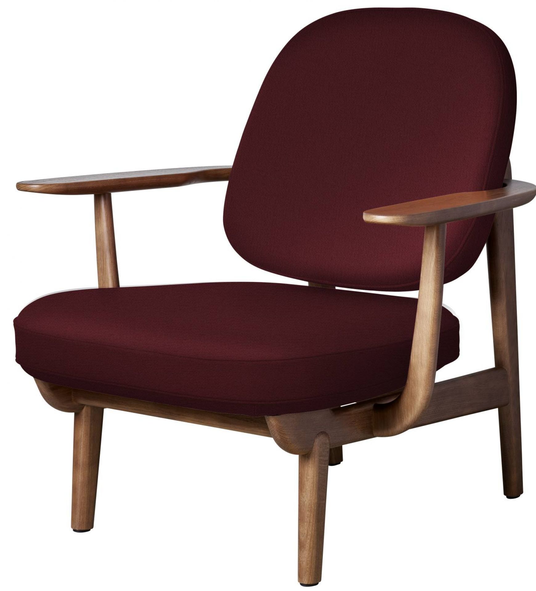 Fred Loungesessel von Fritz Hansen: Burgunderroter Sessel mit Holzrahmen, ideal für Wohnzimmer und Entspannung.