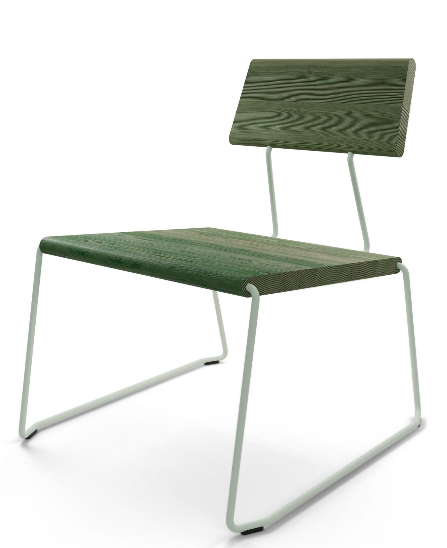 D:007 Loungechair Waldgrün von Fuchs & Habicht: Moderner Holzstuhl mit minimalistischem, hellgrünem Metallgestell.