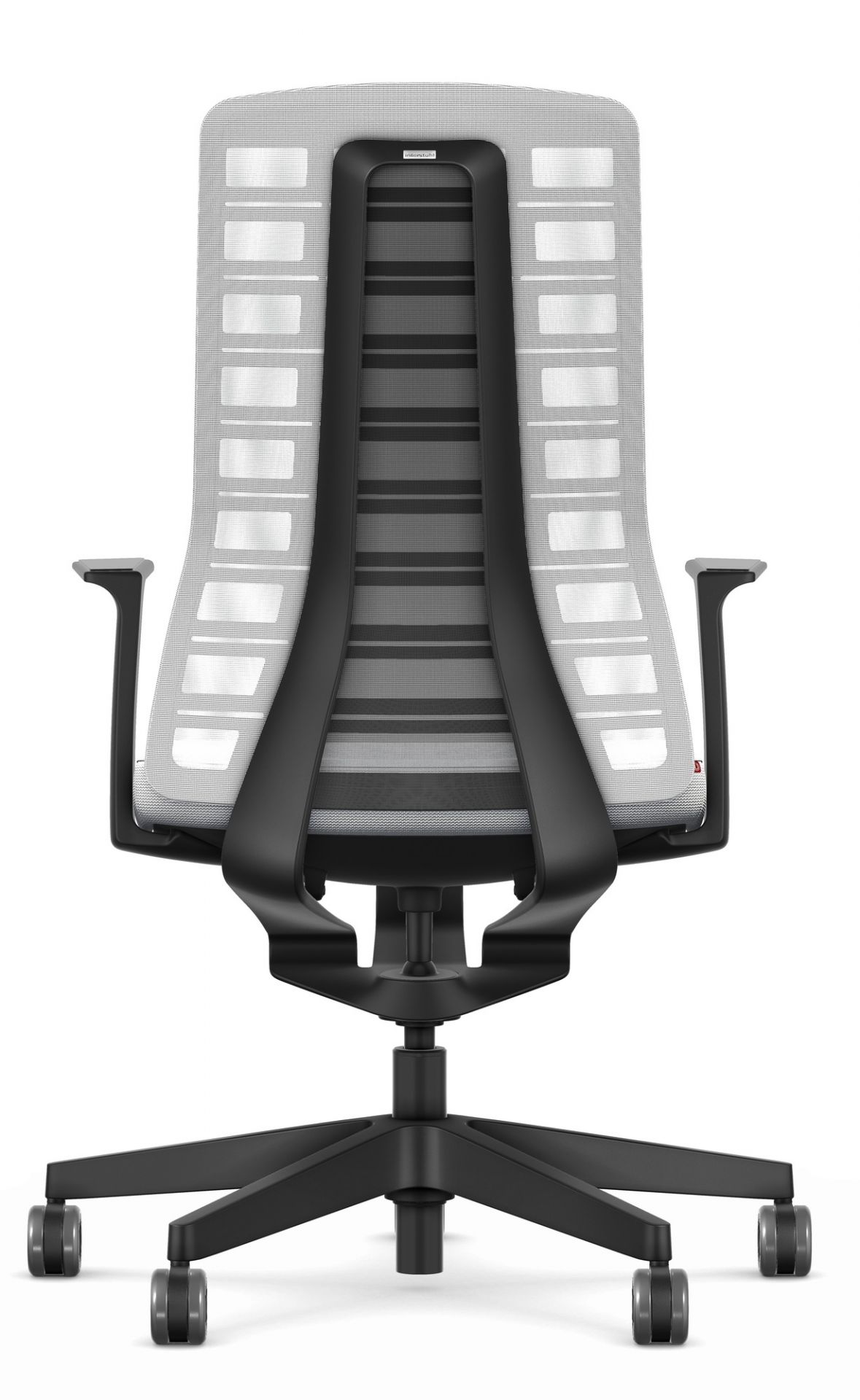 Rückansicht des Interstuhl Bürodrehstuhls Pure Edition in Weiss-hellgrau mit schwarzem Gestell.