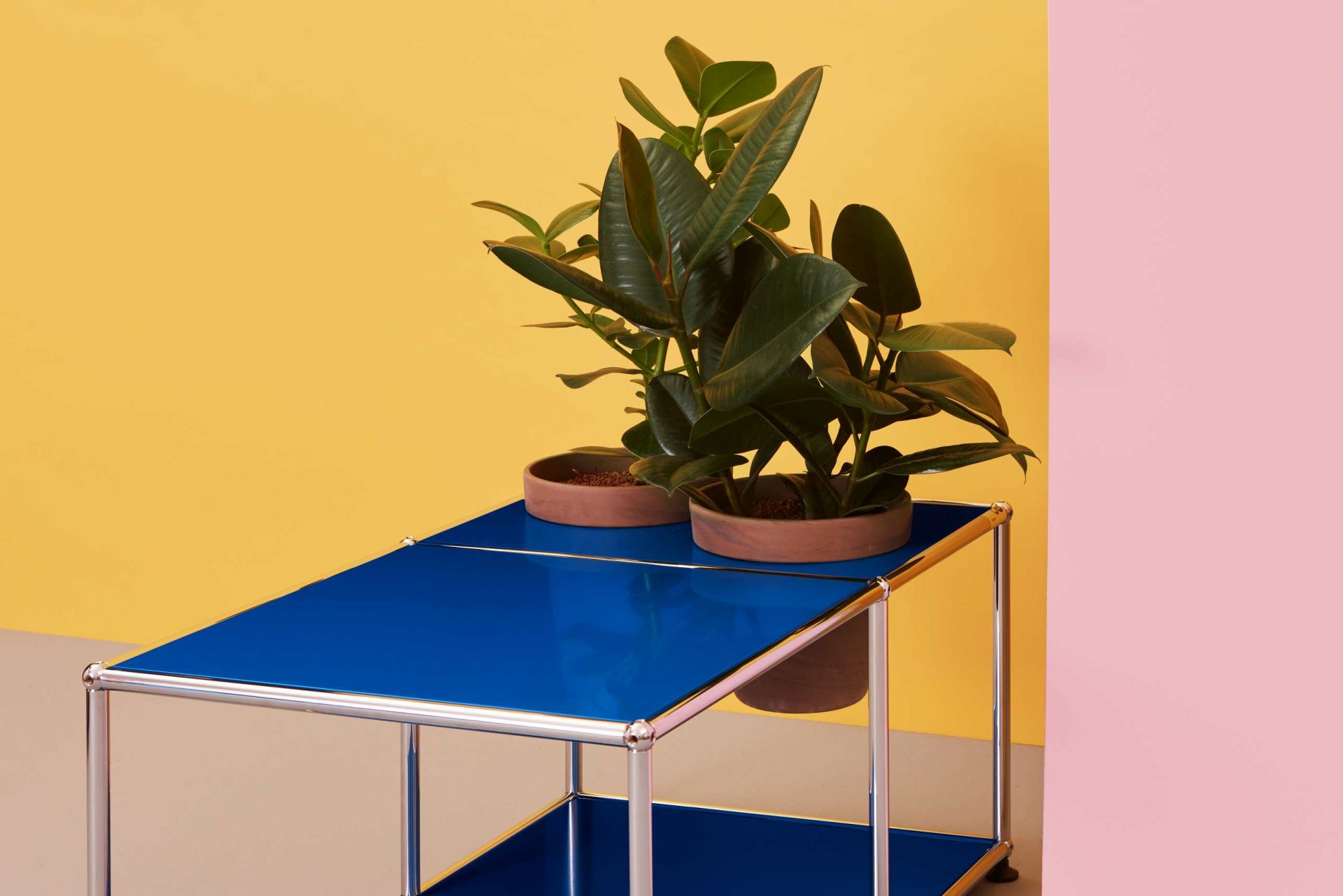 Blauer USM Haller Beistelltisch mit Zimmerpflanzen vor gelbem und rosa Hintergrund. Moderner Designklassiker.