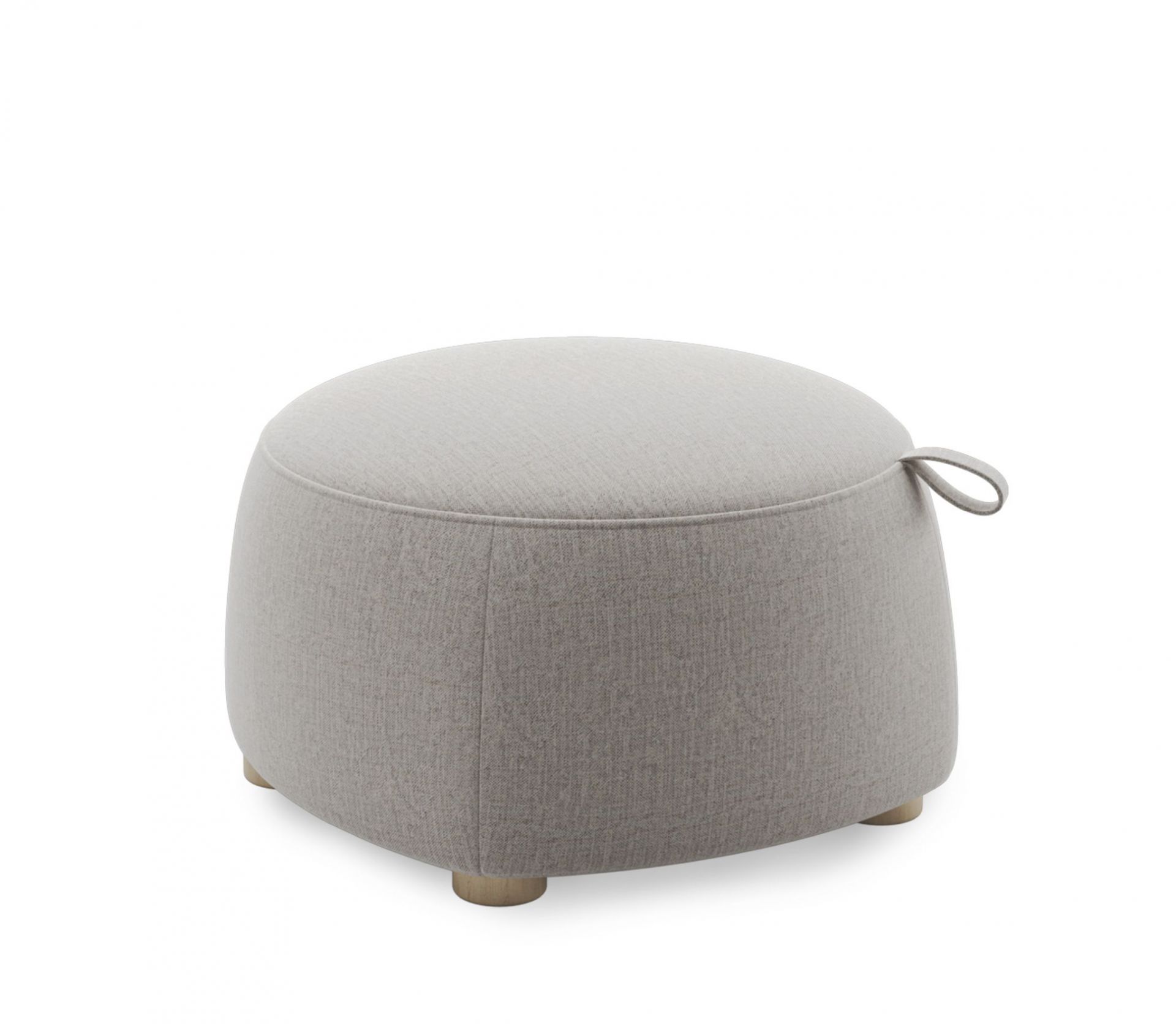Gem Hocker hellgrau: Gepolsterter, runder Hocker mit Tragegriff und Holzfüßen, ideal als Sitzgelegenheit oder Fußhocker.