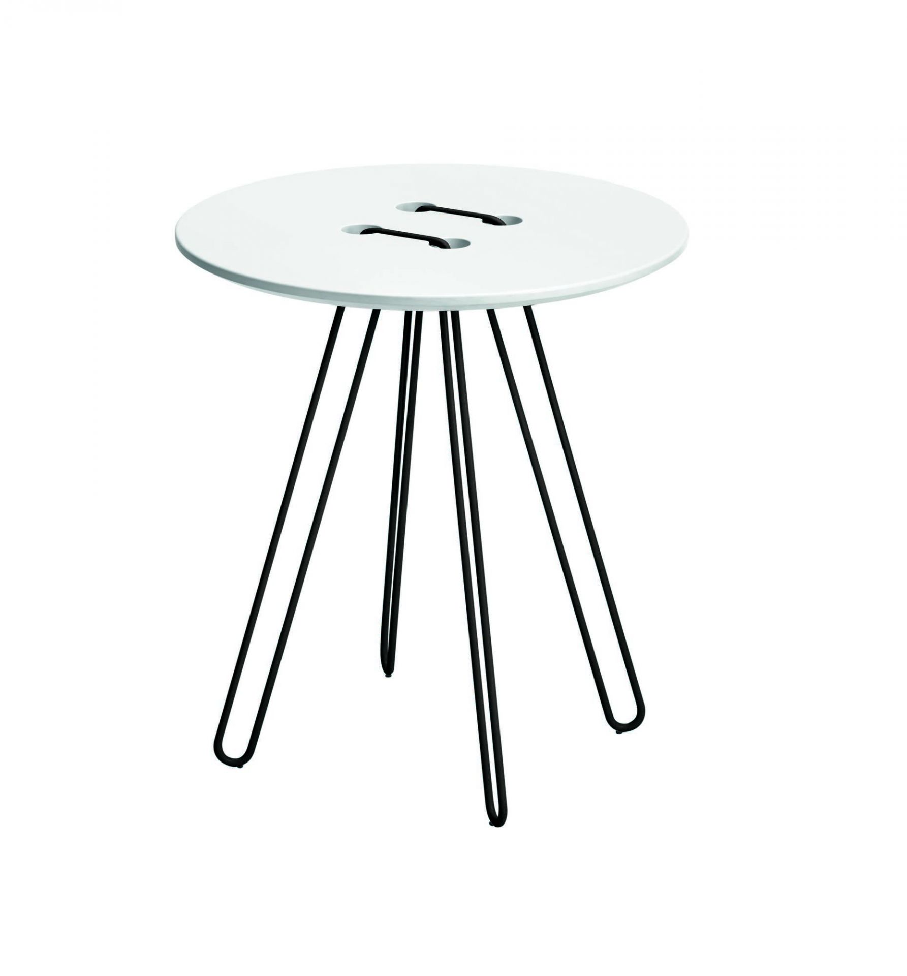 Weißer Casamania Twine Beistelltisch mit Griffen und schwarzen Metallbeinen für modernes Wohnen.