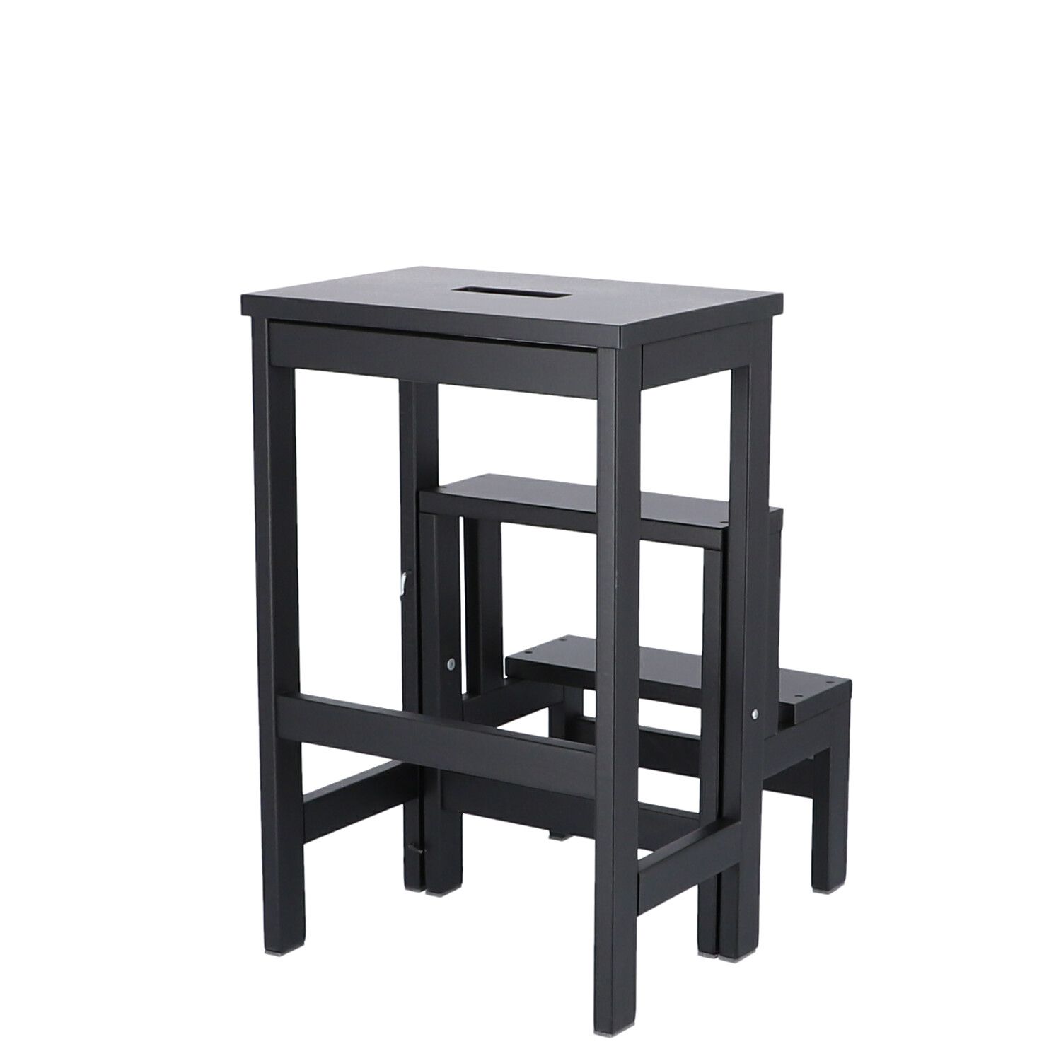 Schwarze Soho Hockerleiter von Jan Kurtz, umwandelbar in eine kleine Trittleiter mit zwei Stufen.