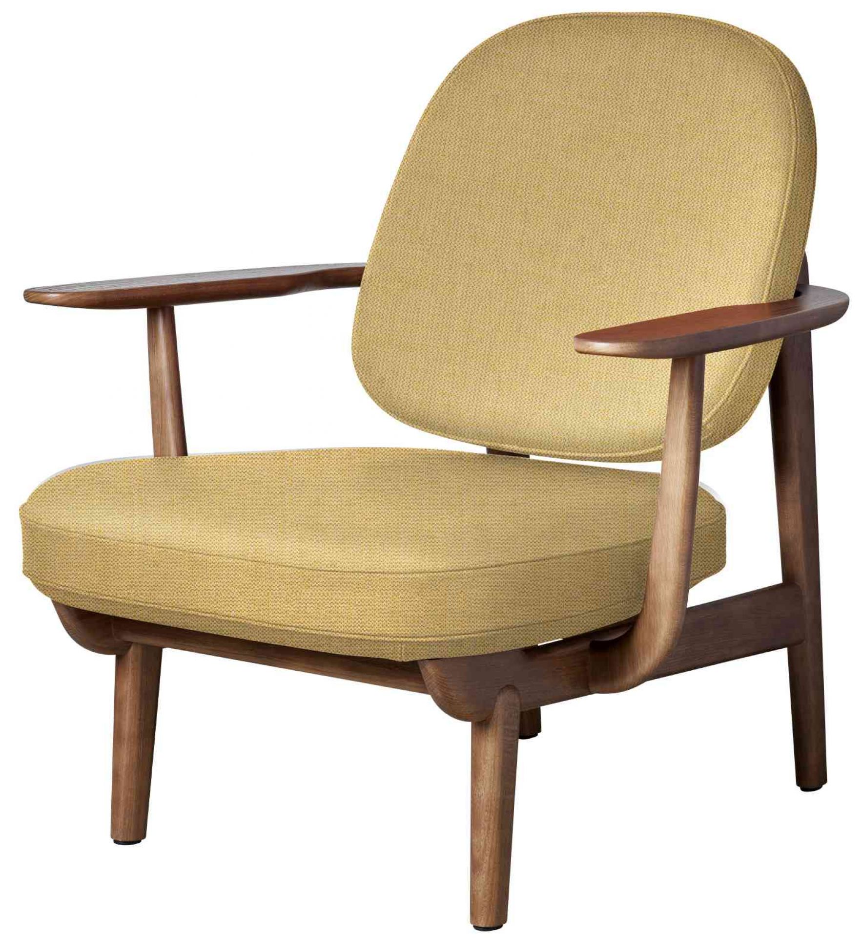 Gelber Fred Loungesessel von Fritz Hansen mit Holzrahmen, bequemer Polsterung und Armlehnen.