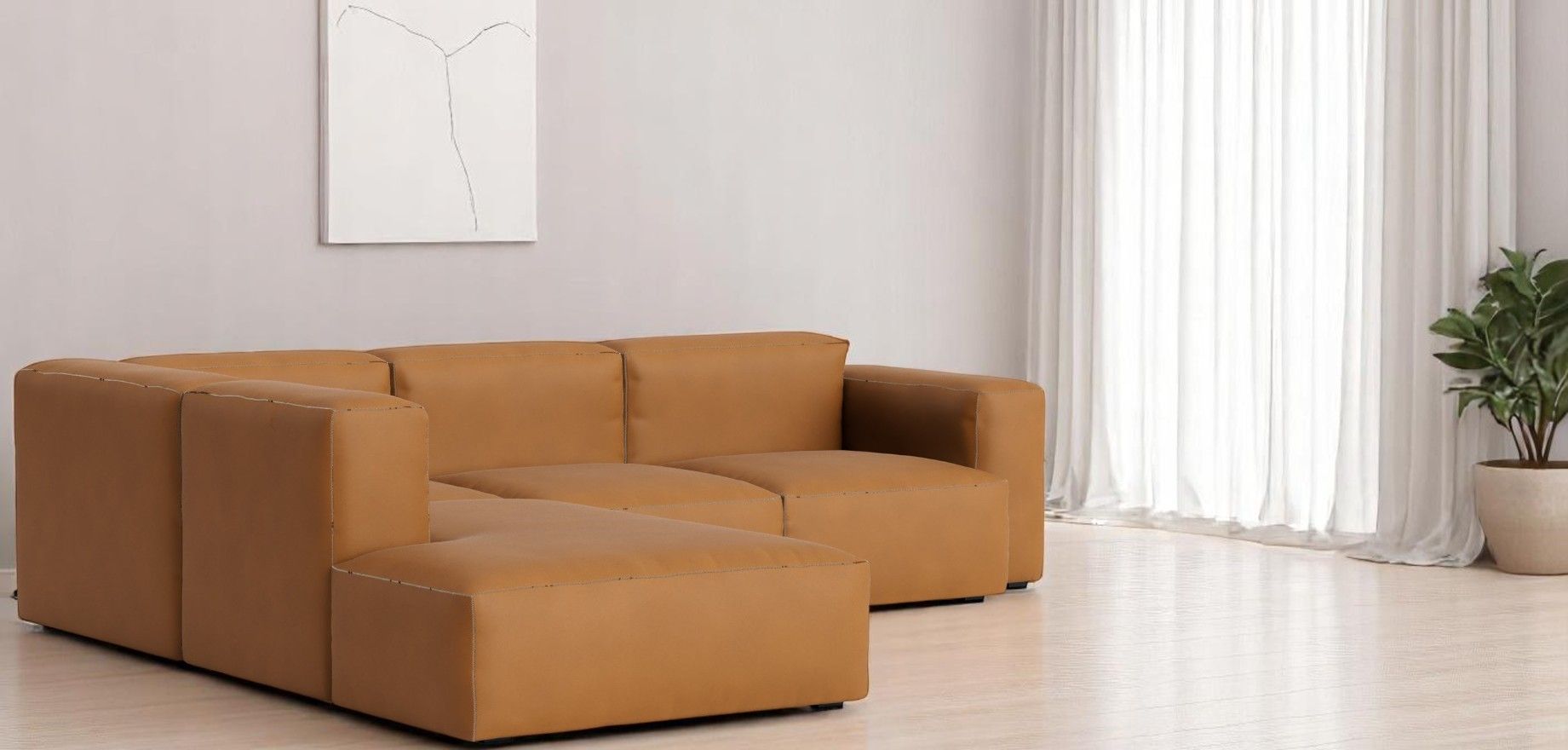 Beige Mags Soft Sofa Eckkombination mit niedriger Armlehne links von Hay im modernen Wohnzimmer.