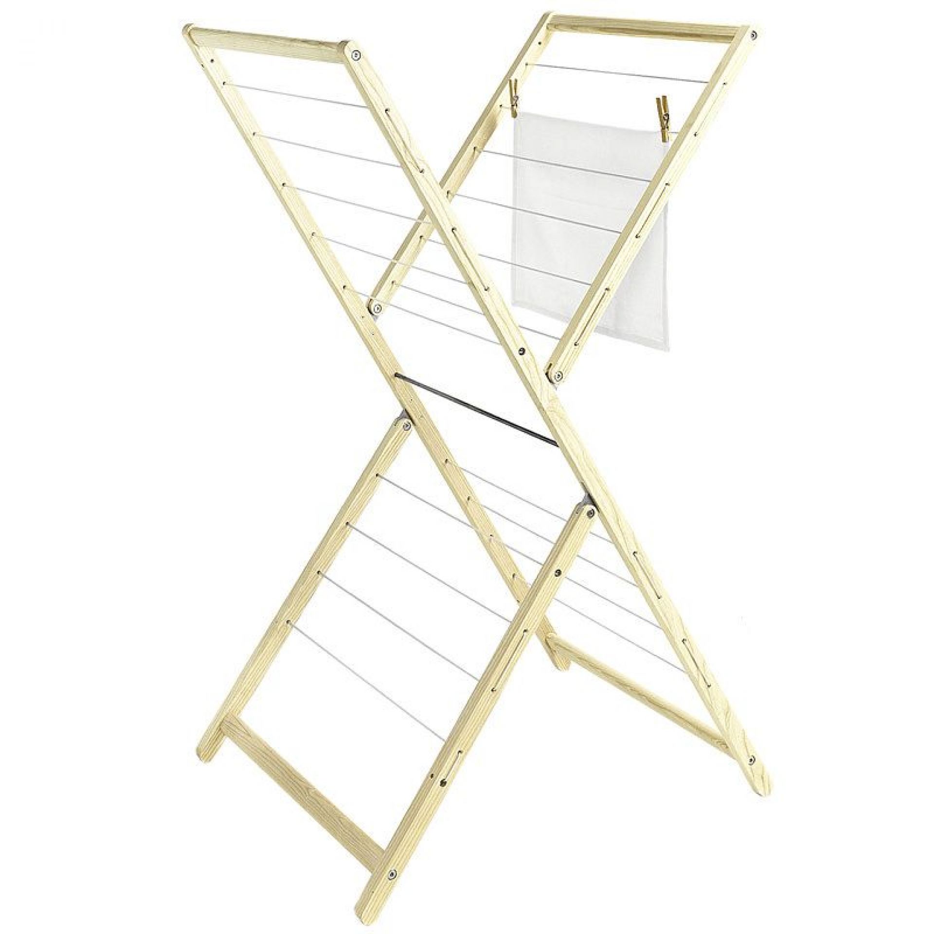 New Papa Wäscheständer: Klappbarer, hölzerner Wäschetrockner mit Wäscheleine und einem aufgehängten Handtuch.