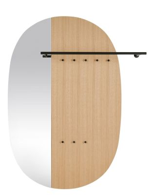 Schönbuch Mask Paneelgarderobe: Ovale Garderobe mit Spiegel, Holzpaneel, Kleiderstange und Haken. Moderne Wandgarderobe.