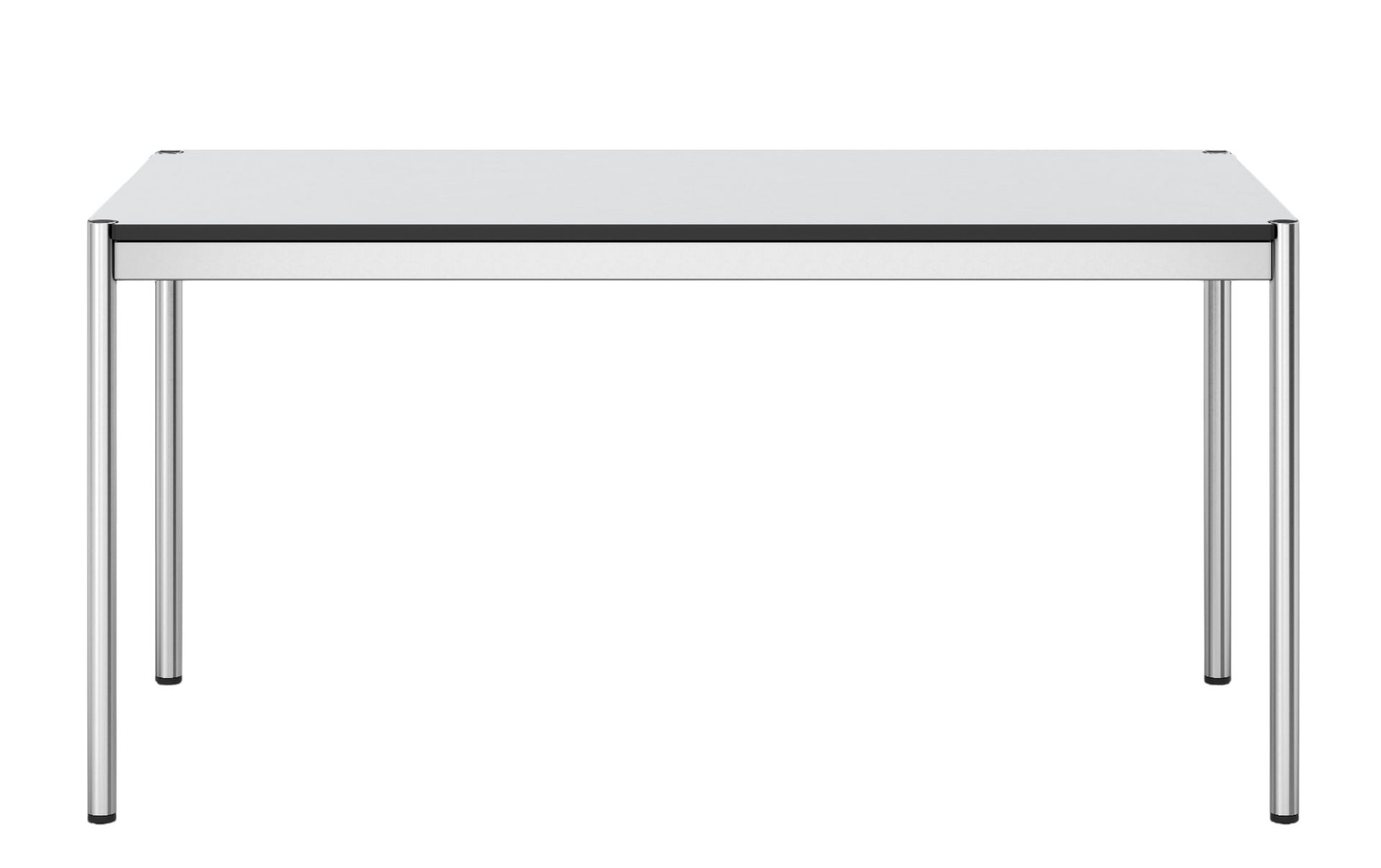USM Haller Tisch in Perlgrau mit Chromgestell, minimalistisches Design für Büro und Homeoffice.