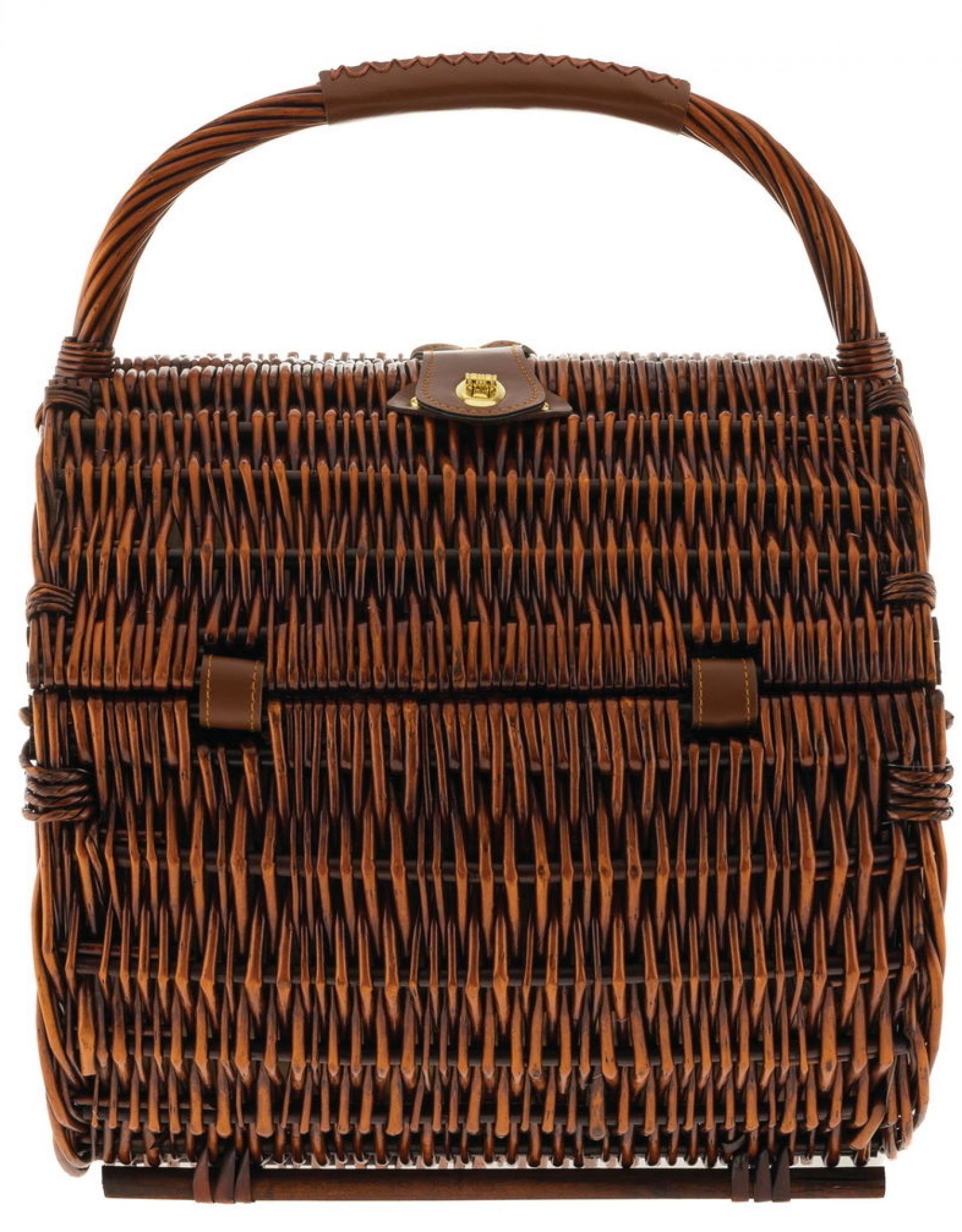 Brauner Picknickkorb aus Weide mit Tragegriff, Verschluss und Geschirr-Set von Alessi.