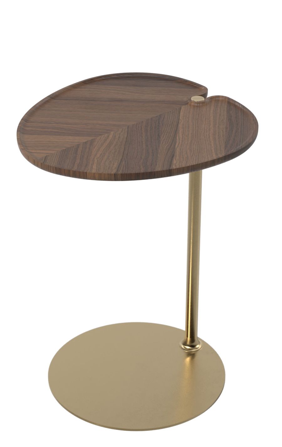 Leaf Beistelltisch mit Holzplatte in Blattform und goldenem Metallfuß, modernes Möbeldesign.