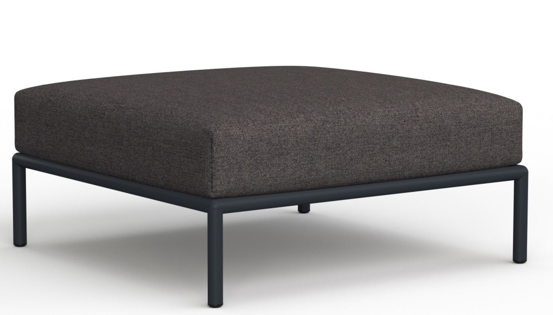 Level Ottoman Outdoor Hocker in Grau mit dunklem Metallgestell für Garten und Terrasse.