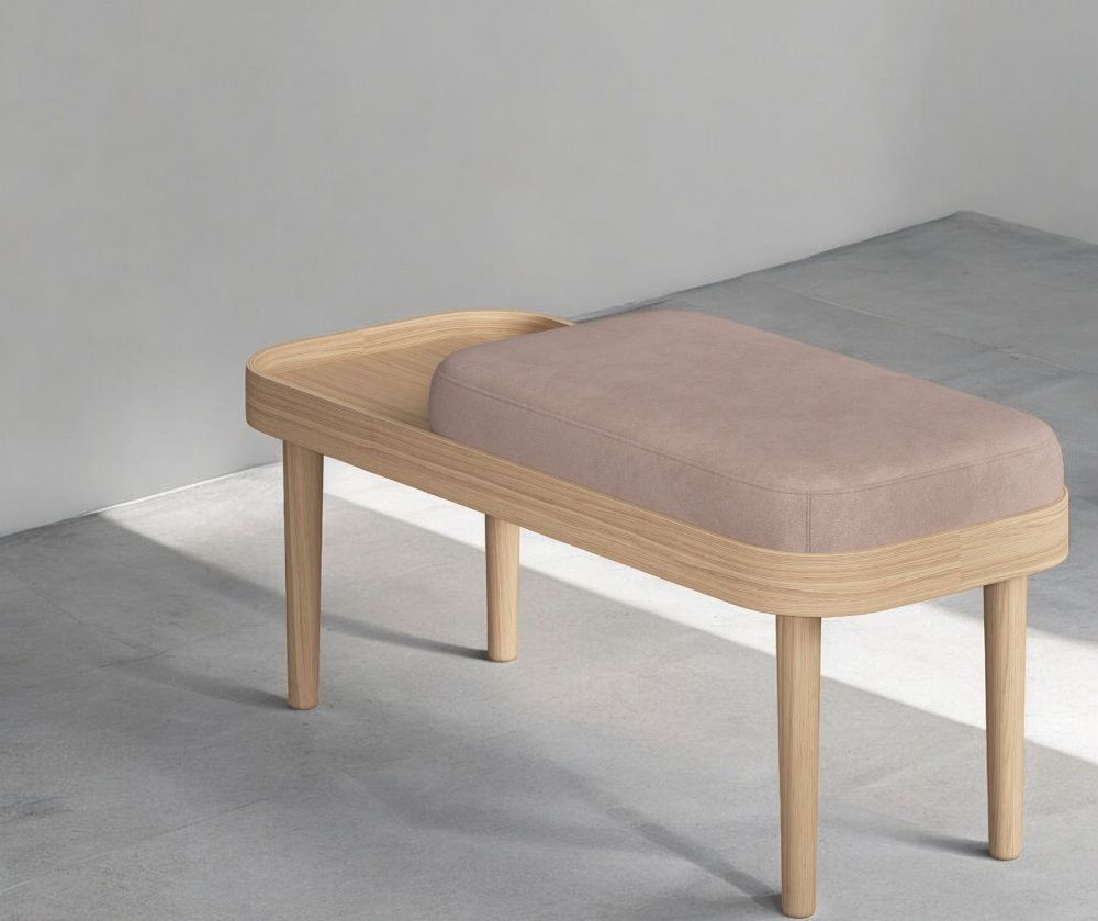 Serena Bank: Moderne Sitzbank aus Eiche mit grauem Polster, ideal für Flur und Wohnzimmer.