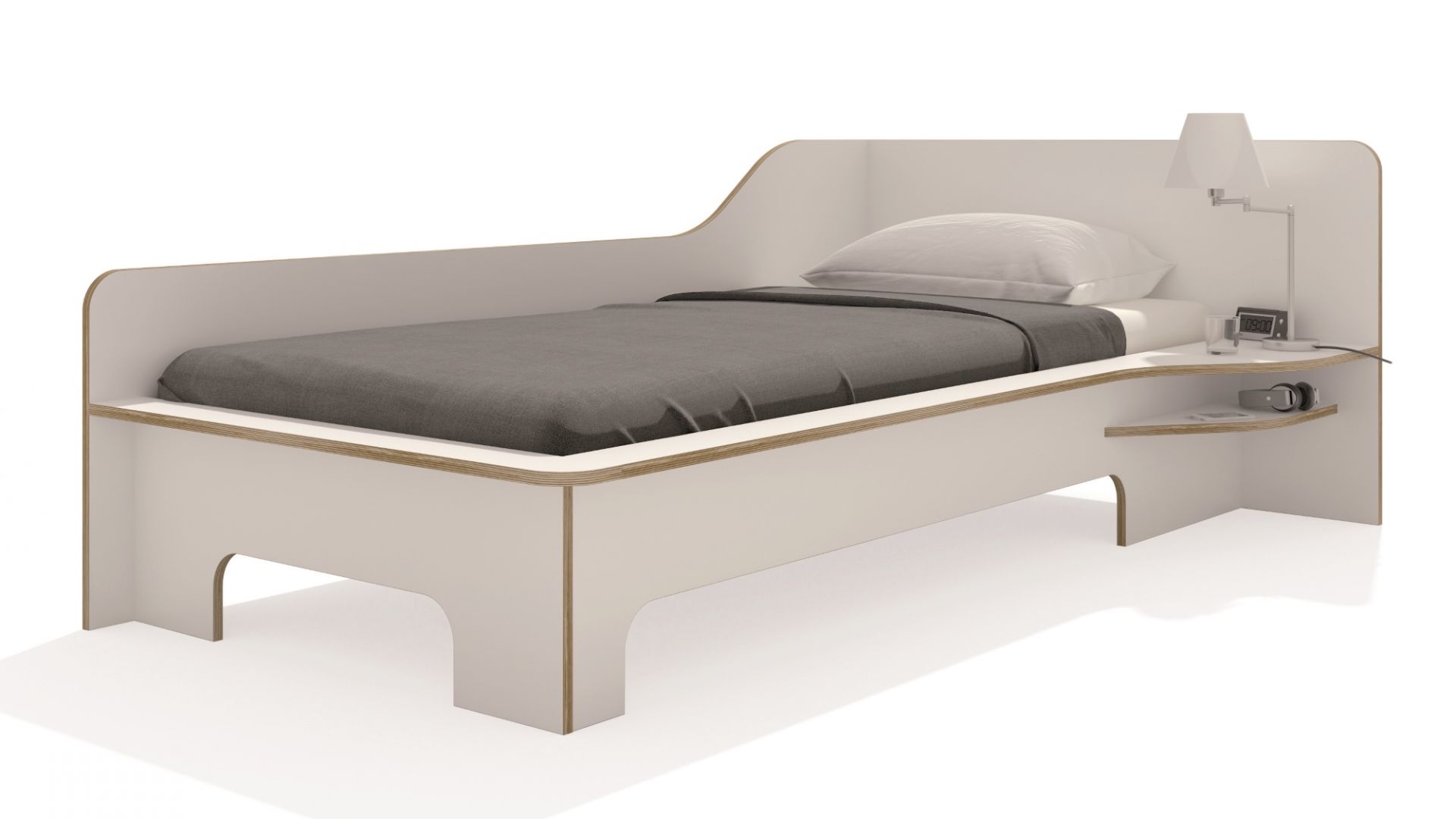 Weißes Plane Einzelbett von Müller Möbelwerkstätten mit Ablagefläche und Lampe. Modernes Design.