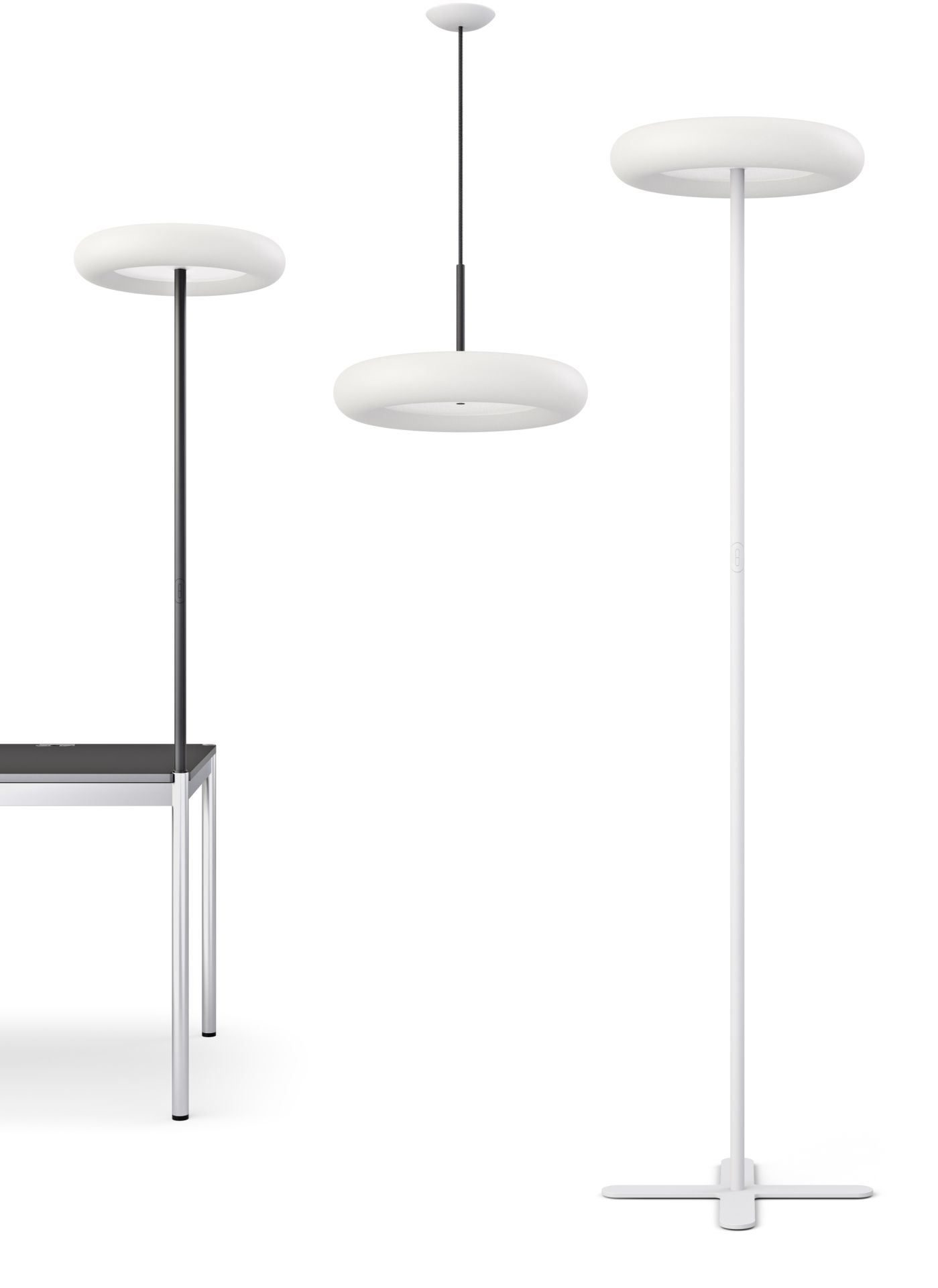 Oto Tischleuchte von Belux in Schwarz, Pendelleuchte und Stehleuchte mit runder Lichtfläche.