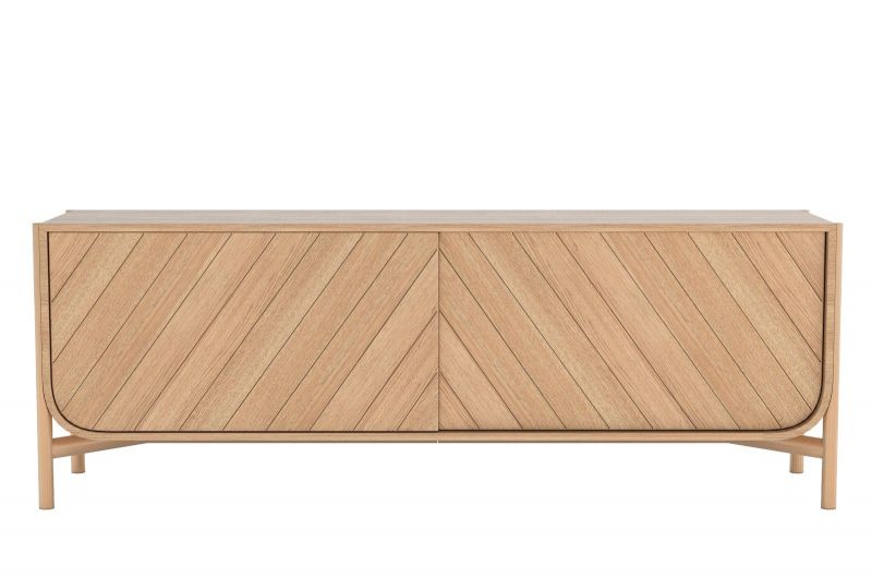 Helles Holz Sideboard "Marius" mit markantem Fischgrätmuster und schlanken Füßen. Modernes Möbelstück für Wohnzimmer und Esszimmer.