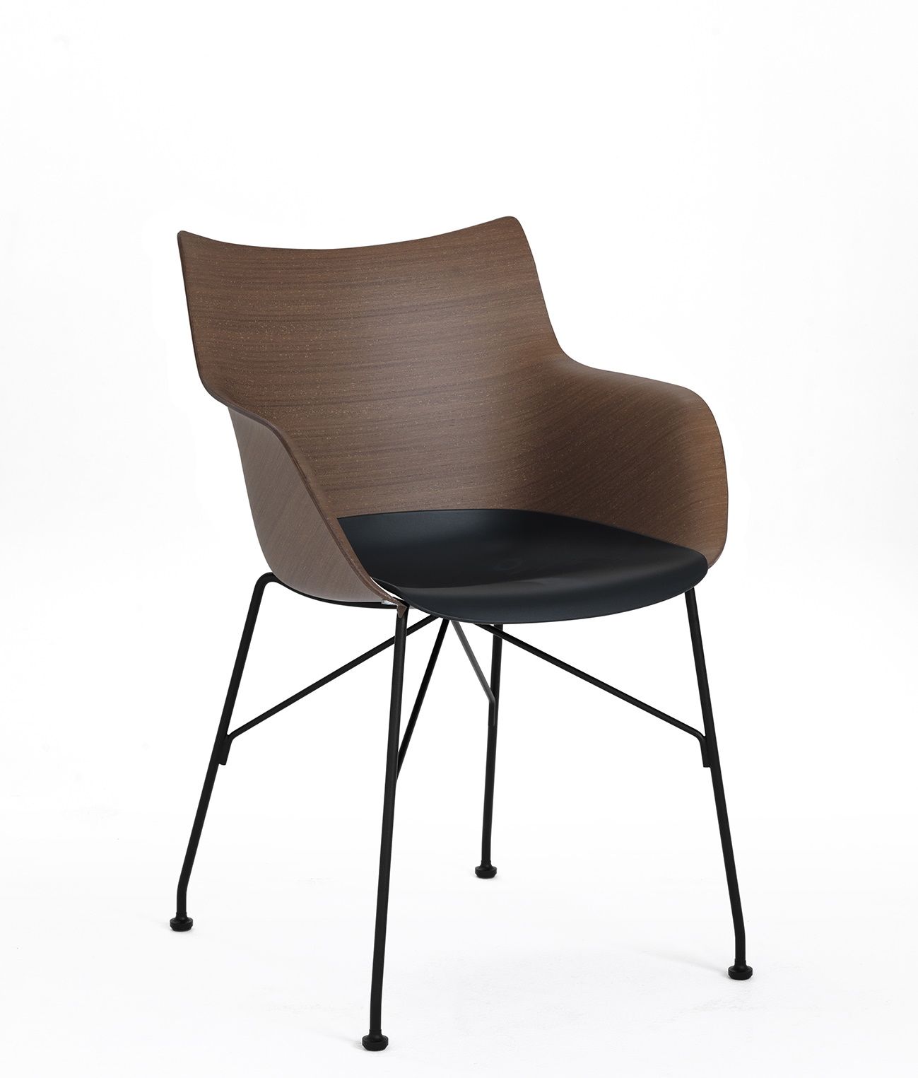 Q/WOOD Stuhl von Kartell: Holzoptik Schalenstuhl mit schwarzem Sitzpolster und filigranem Metallgestell.