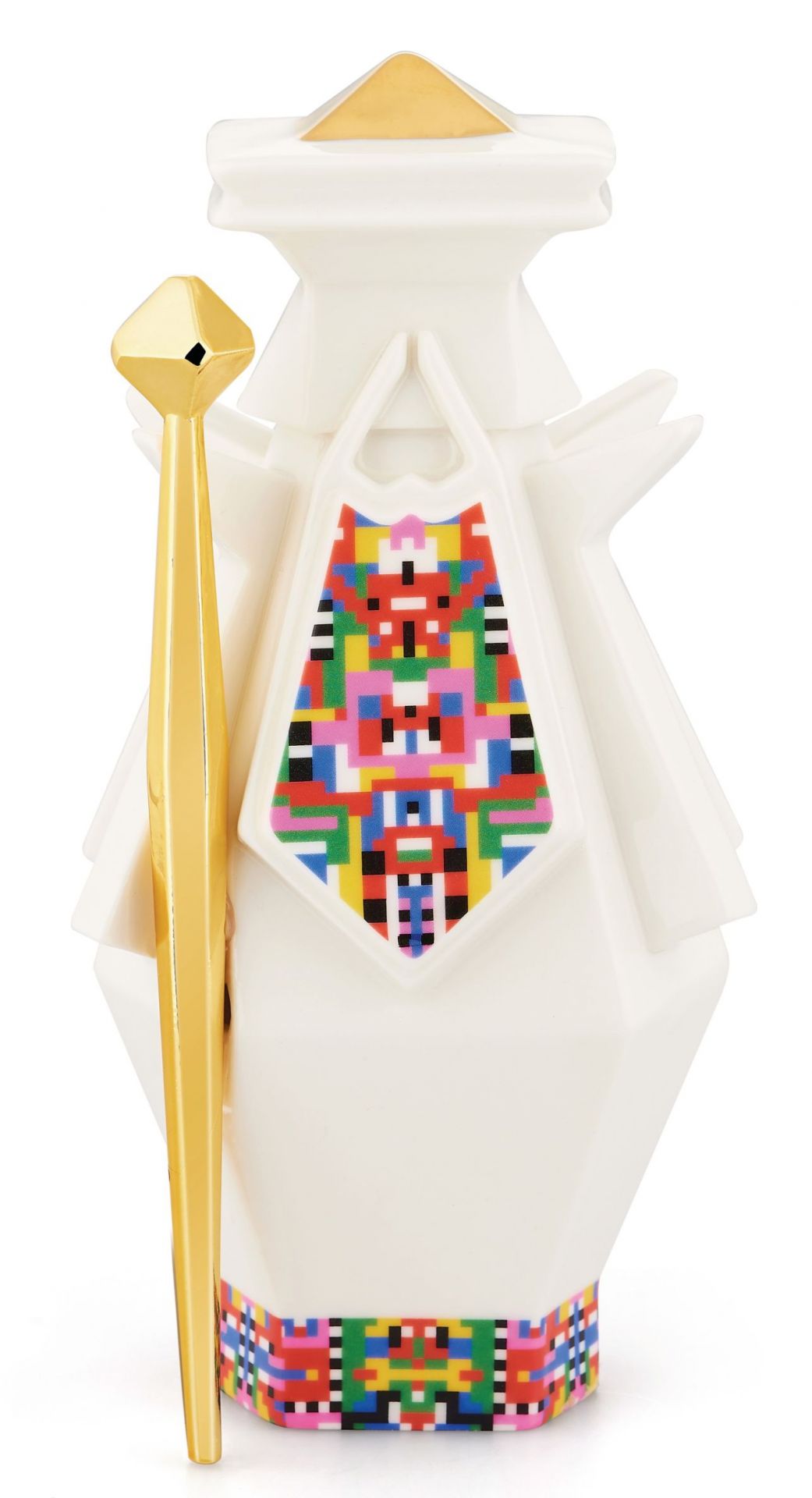 Joseph Porzellanfigur von Alessi: Weiße Skulptur mit goldenem Stab und bunten Pixelmustern.
