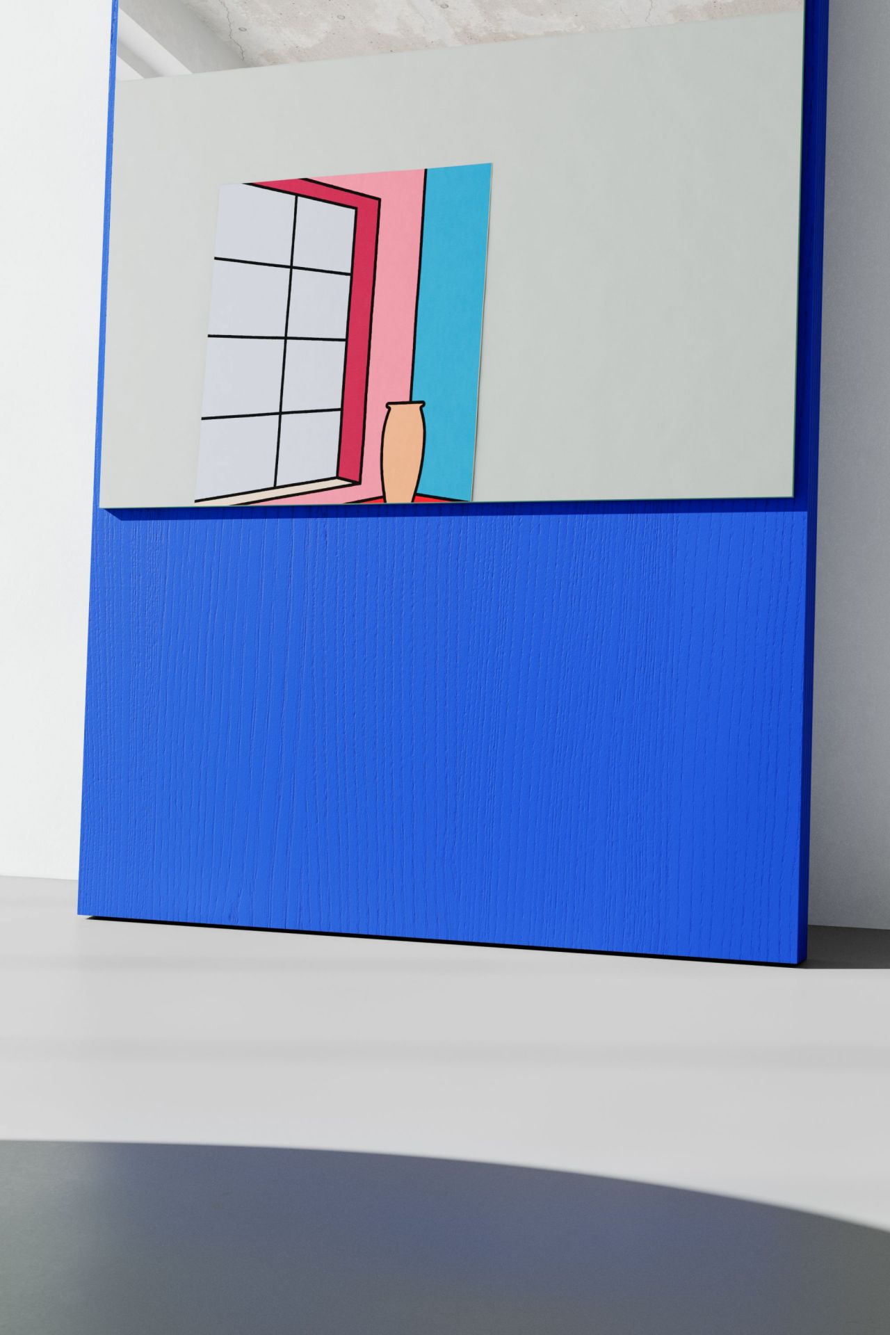 FRIEDRICH Spiegel Esche Berliner Blau: Detailansicht des blauen Holzrahmens mit abstrakter Fenster- und Vasen-Illustration.