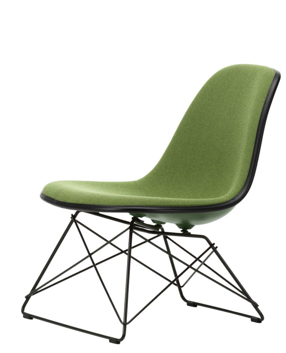 Grüner, vollgepolsterter Eames Plastic Side Chair LSR von Vitra mit schwarzem Drahtgestell. Designklassiker.