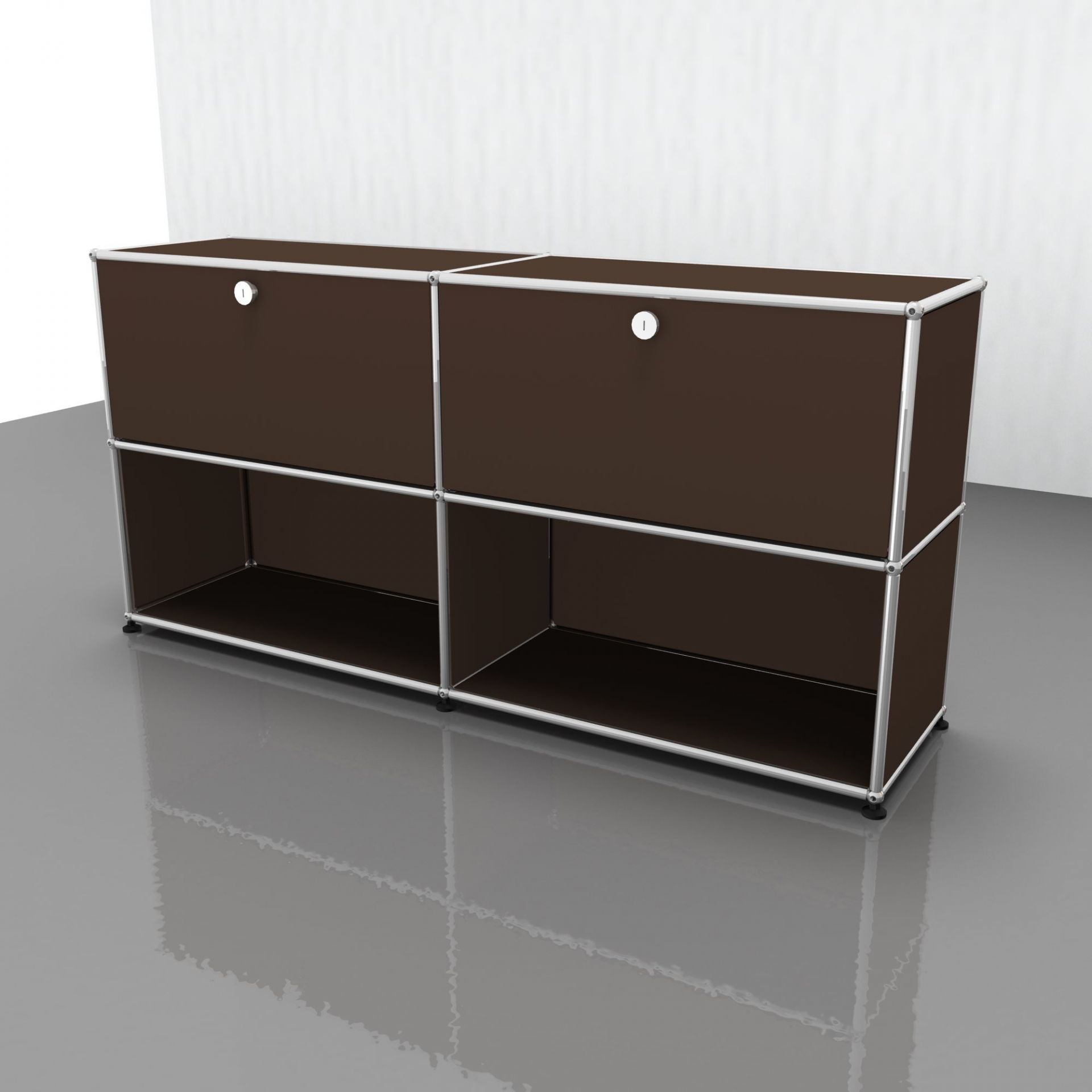 Braunes USM Haller Sideboard mit zwei Klappen und verchromtem Gestell für Wohnzimmer oder Büro.