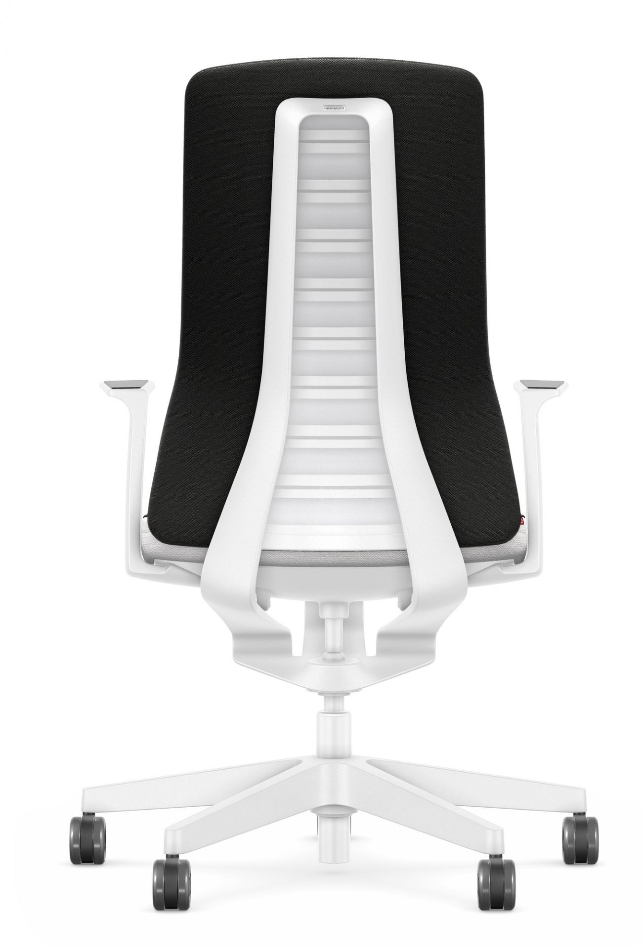 Rückansicht des Interstuhl Bürodrehstuhls Pure Edition Interior in Schwarz mit weißem Rahmen und Rollen.