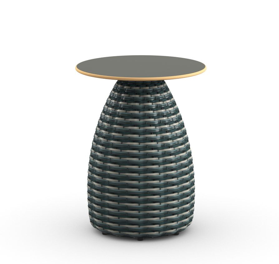 Dedon Porcini Beistelltisch Ø41cm: Runder, geflochtener Outdoor-Tisch in Grau und Weiß mit grauer Tischplatte.