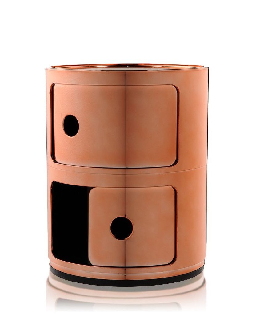 Componibili 2er Element von Kartell in Kupfer: Runder Nachttisch mit zwei Fächern und Drehtüren.