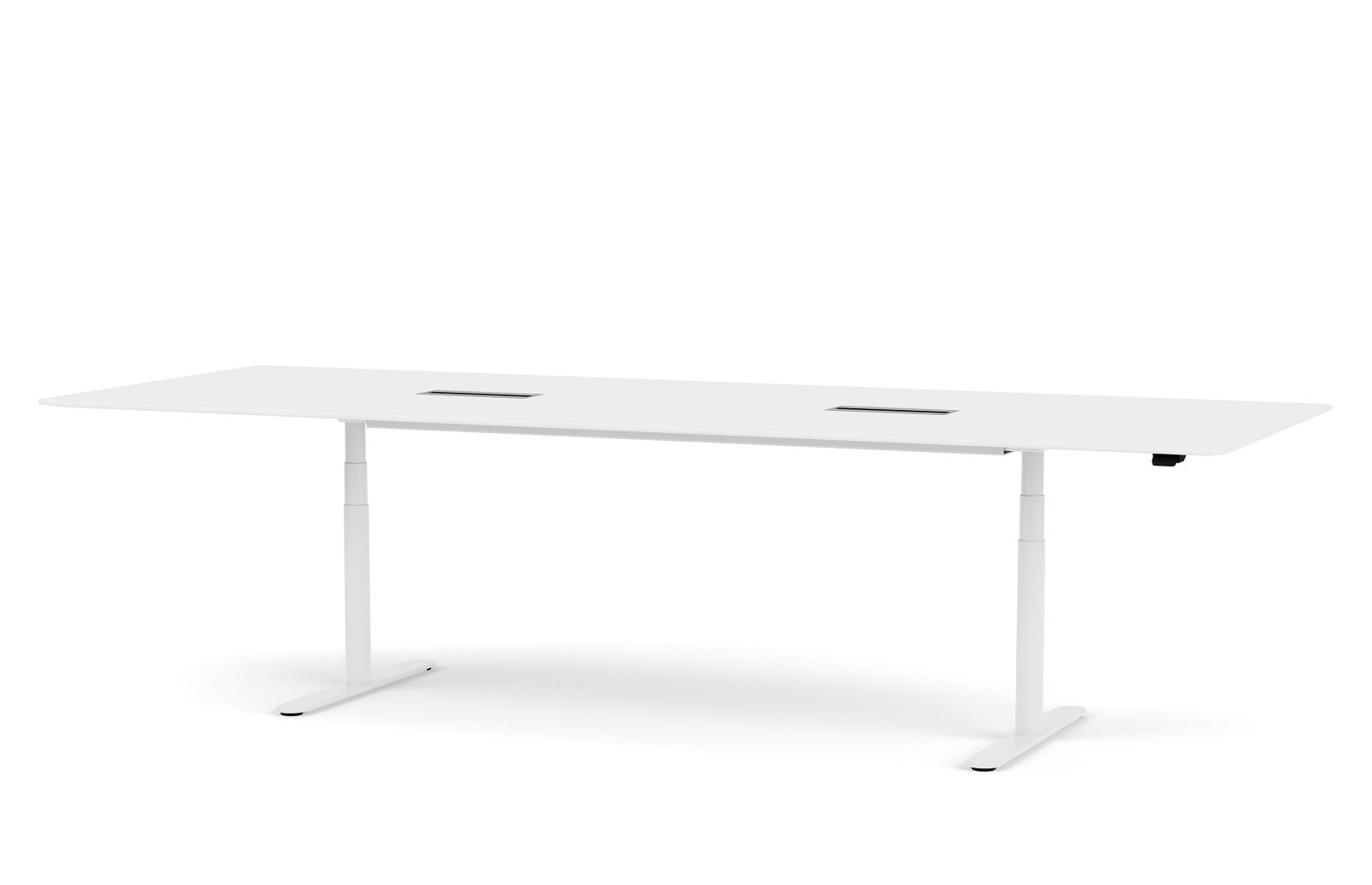 Weißer HiLow Konferenztisch Montana mit höhenverstellbarem Gestell und Kabeldurchlässen für moderne Büros.