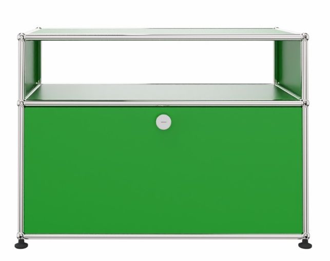 USM Haller Beistellmöbel in Grün mit Schublade und offenem Fach, modernes Designmöbel.